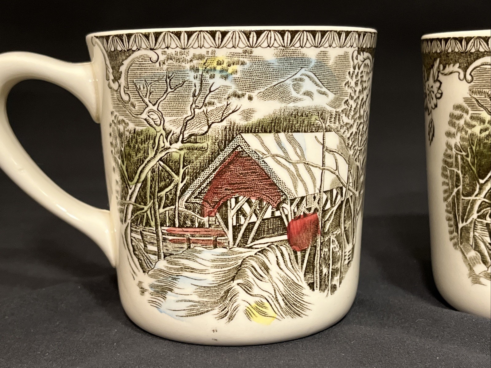 2 Johnson Bros Friendly Village Coffee Cups Mugs Covered Bridge 3.25″ England