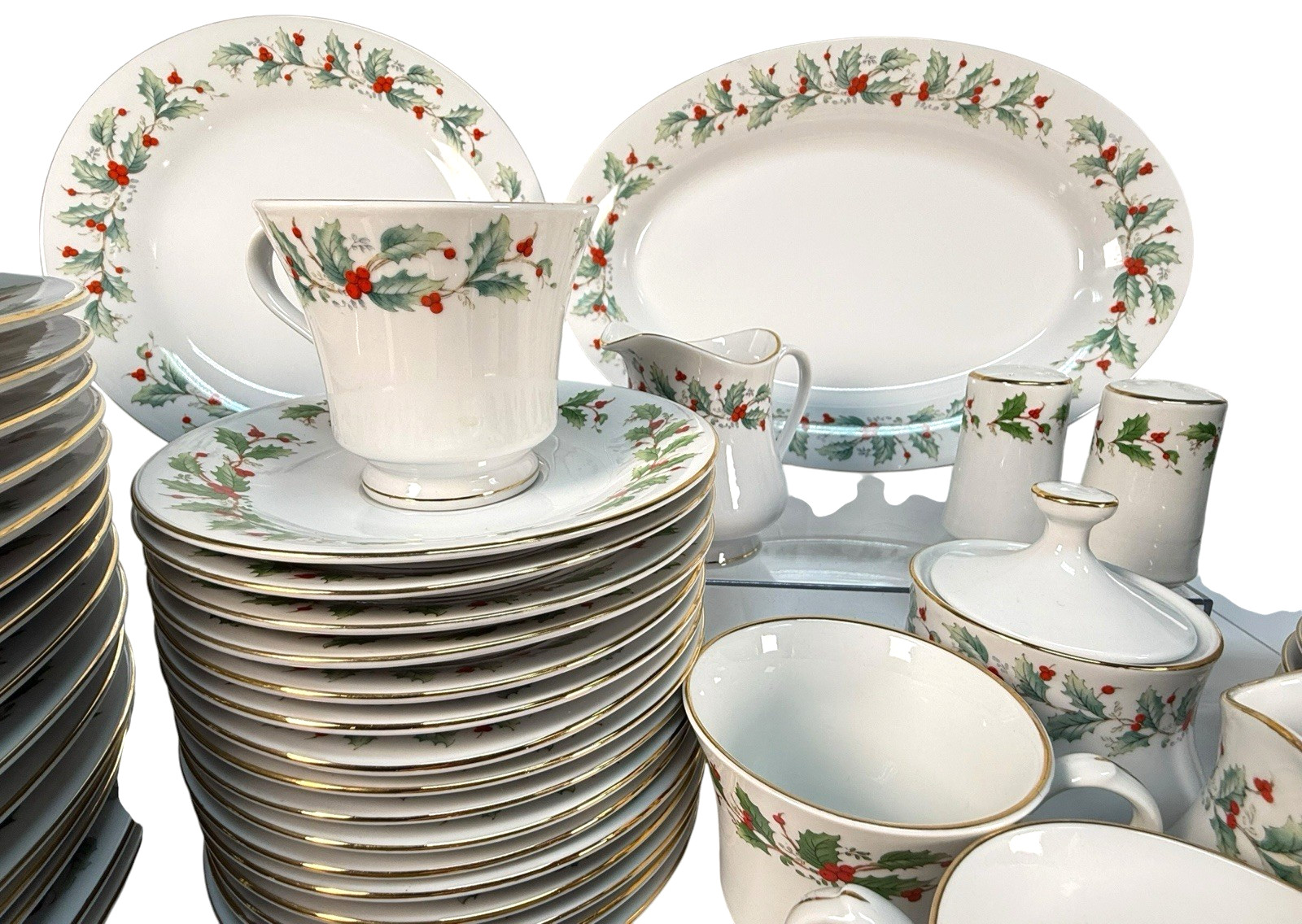 82pc China Pearl NOEL Christmas Dinnerware Set Service for 16 Muted Black Stamp