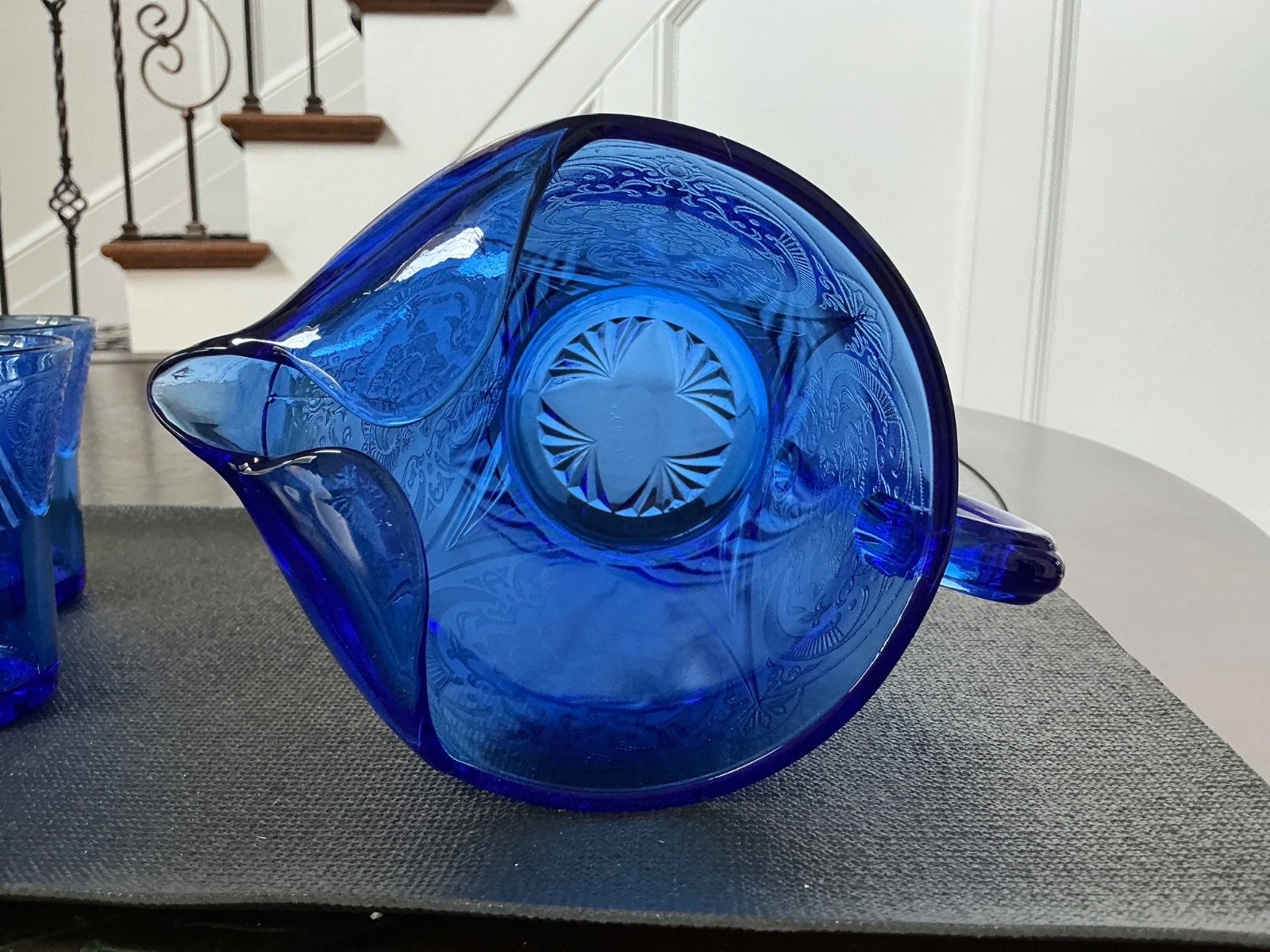 Rare vintage Hazel-Atlas Royal Lace cobalt blue pitcher 68 oz and glasses