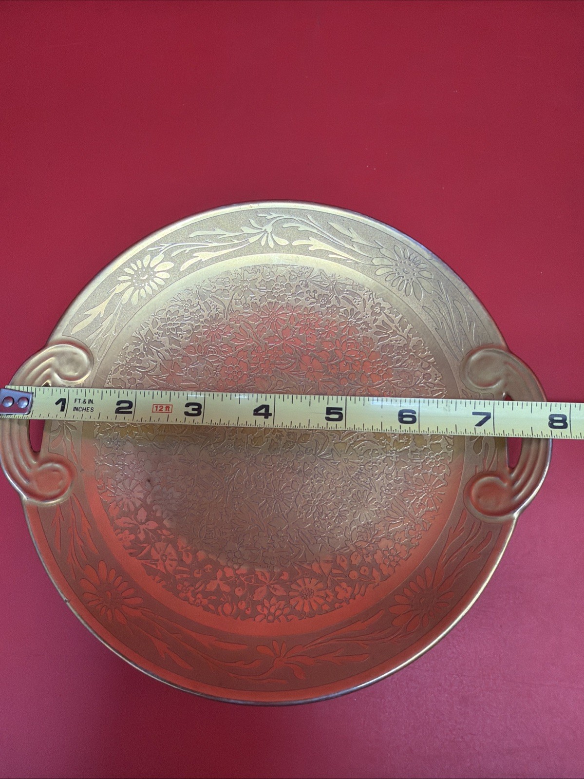 Vintage Gold Gilt Porcelain Handled Serving Plate Floral Etched 7.35” Round Tray