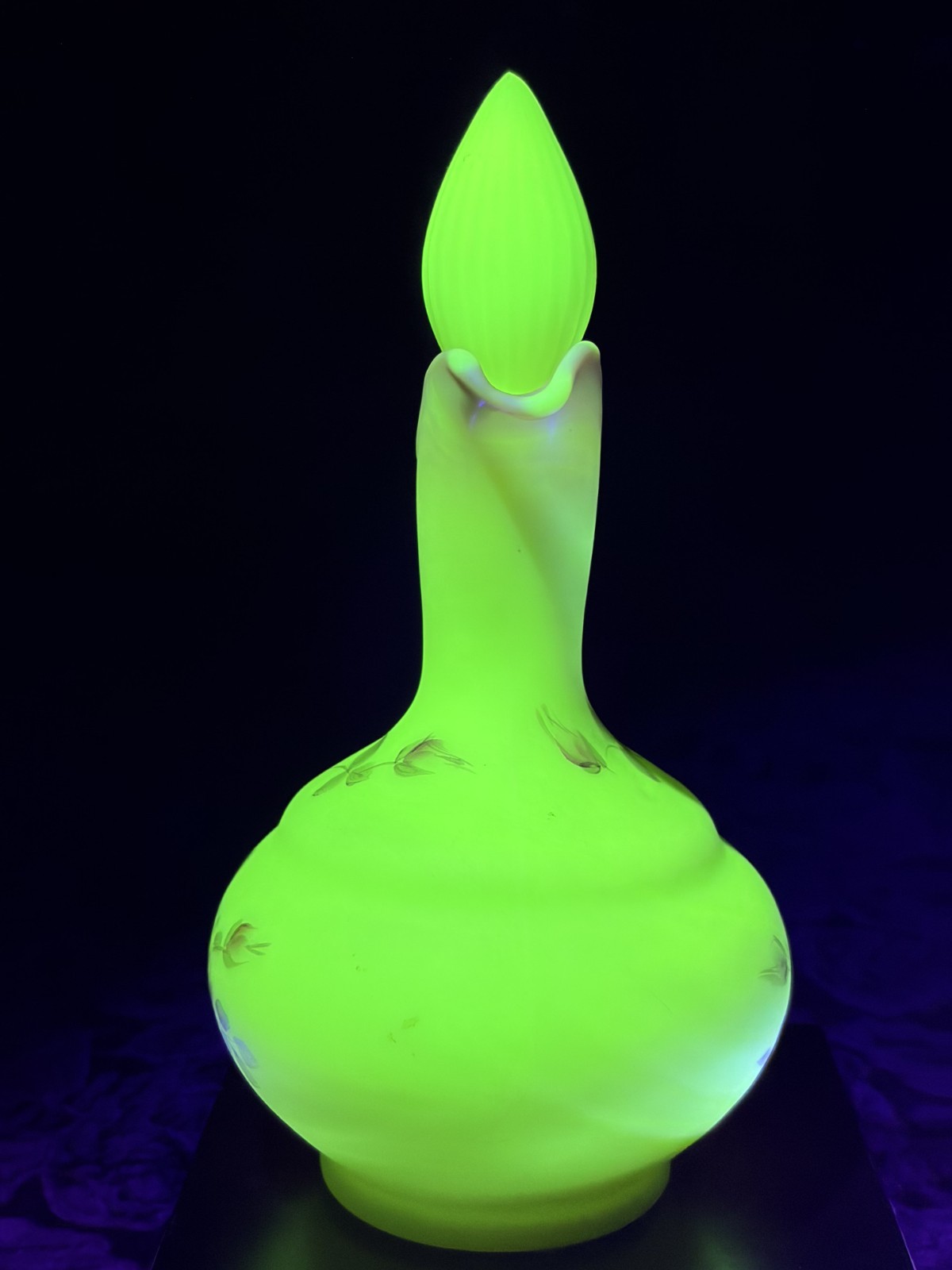 Vintage Fenton Burmese Satin Glass Cruet Stopper Hand Painted Roses UV Glow