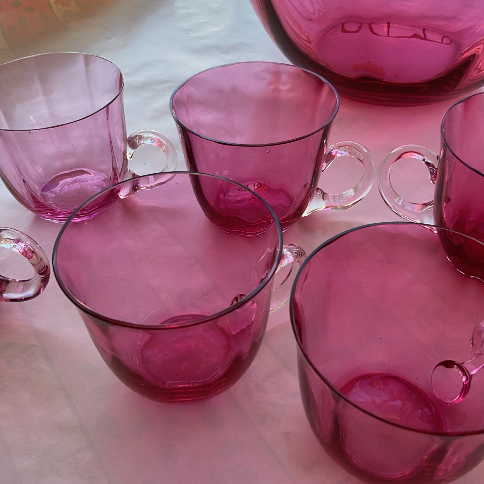 Antique Cranberry Pink Glass Punch Bowl Set w/ 10 Handled Cups Pilgrim Optic