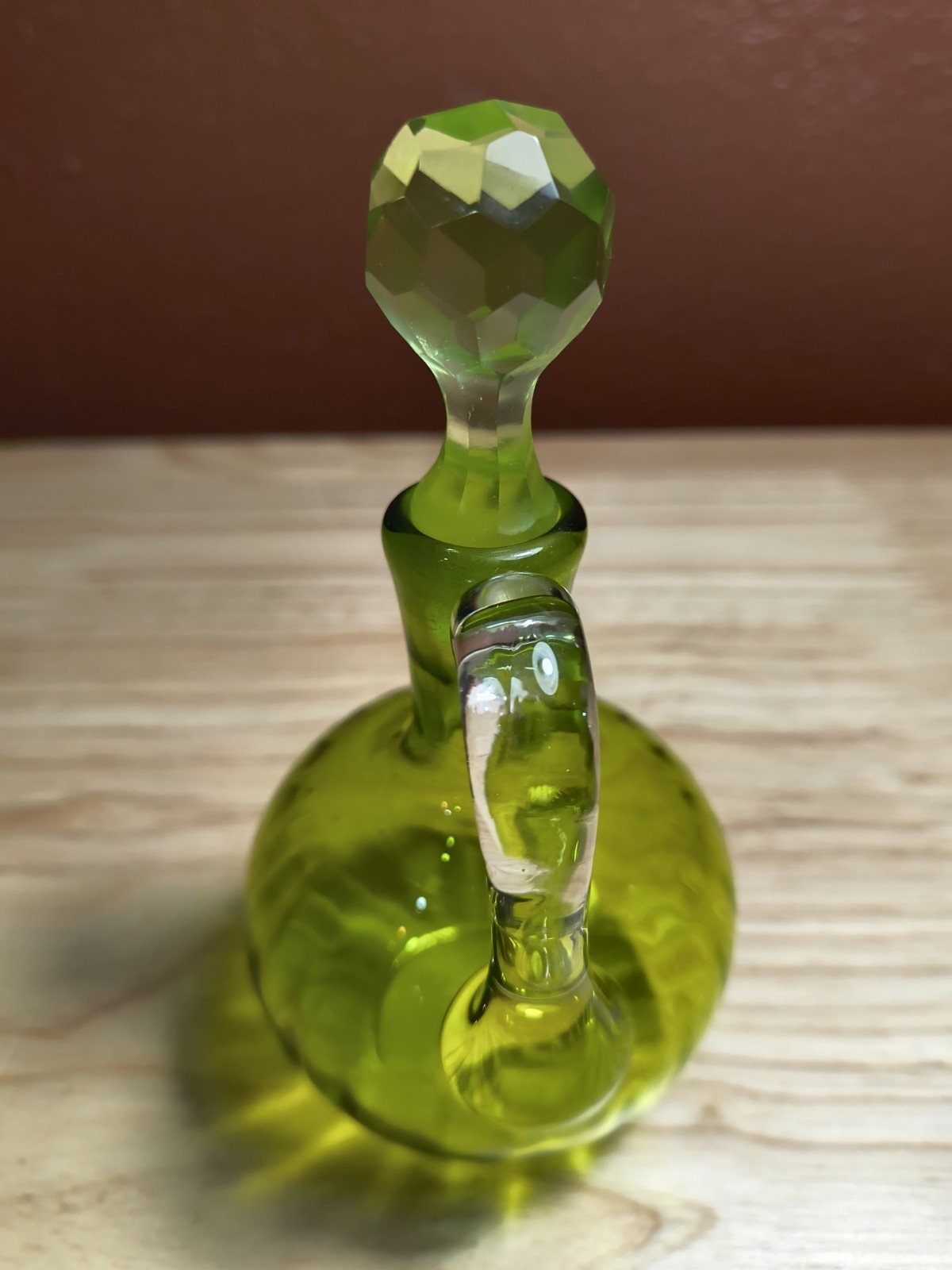 Vintage Olive Green Glass Cruet W/Stopper Glowing Stopper