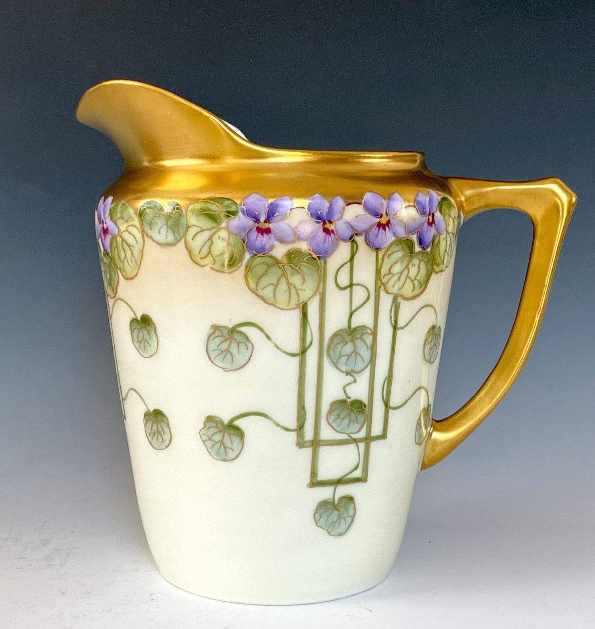 PICKARD ANTIQUES HAND PAINTED “VIOLETS IN PANEL” PITCHER ARTIST SIGNED