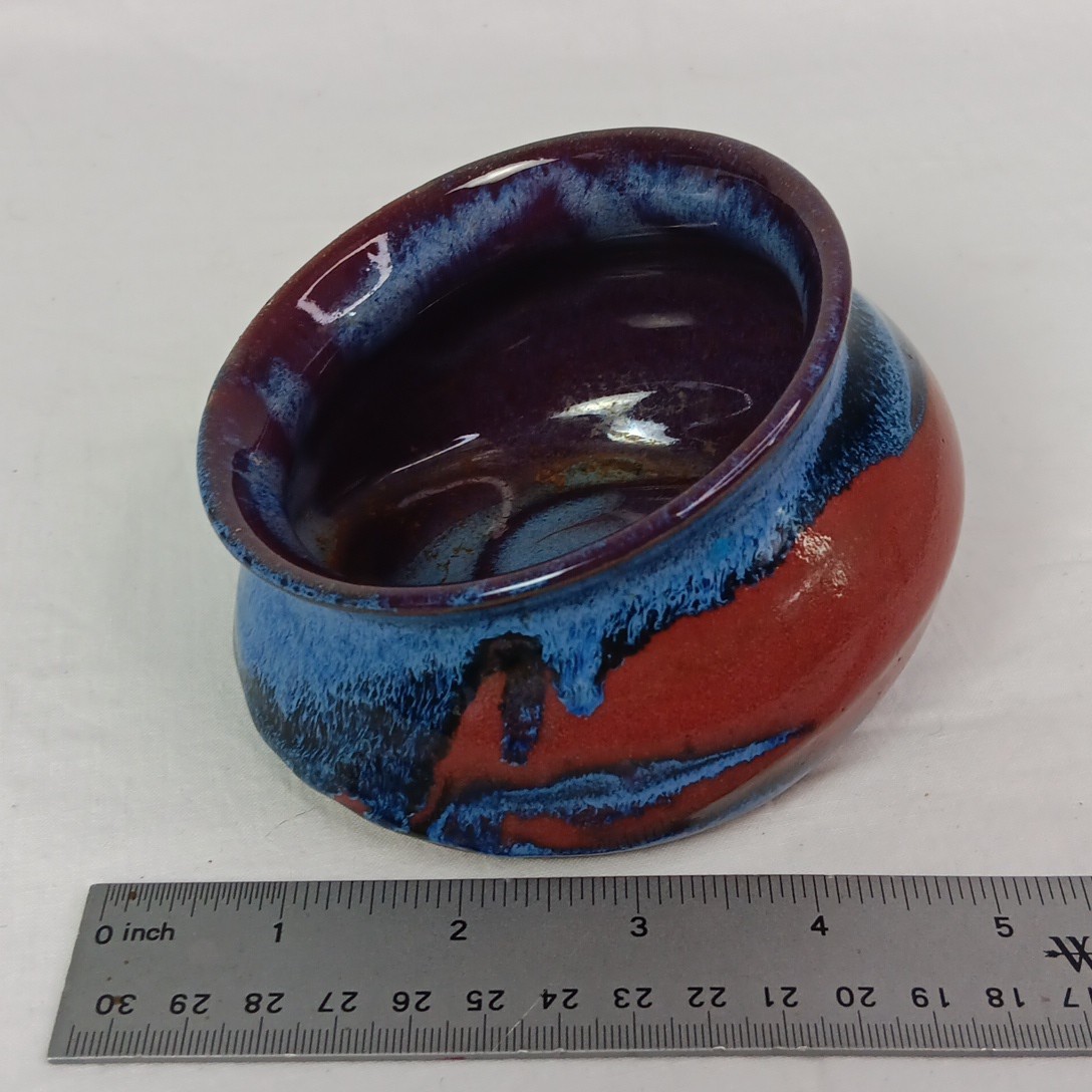 Art Pottery Studio Handcrafted Bowl Red Clay Blue Brown Glaze Slanted Angled