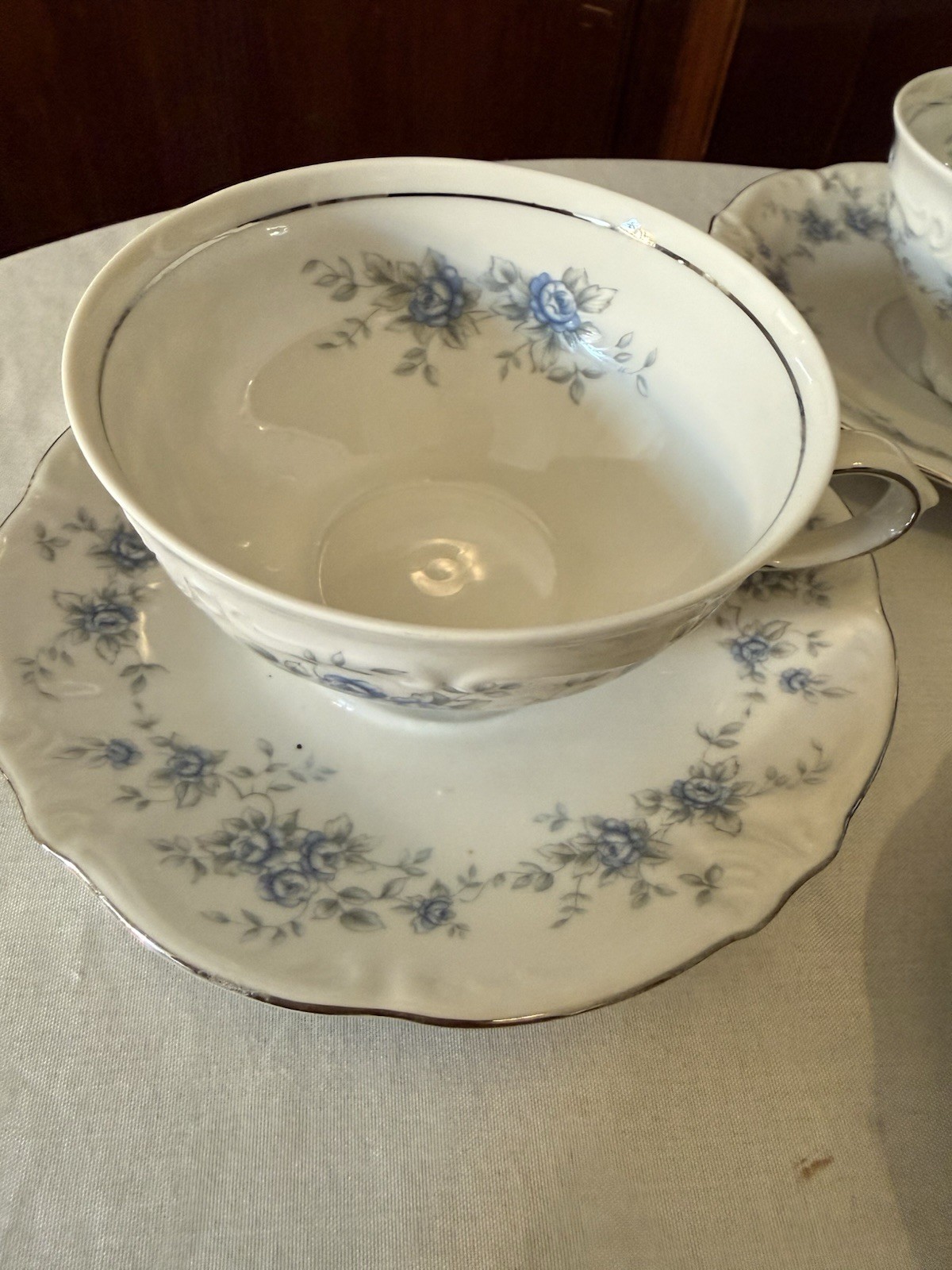 Vintage Winterling Teacup and Saucer White Blue Floral Platinum Trim Germany Set
