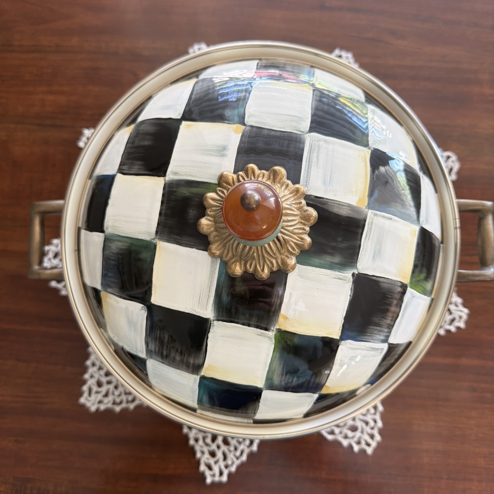 Mackenzie Childs Courtly Check Covered Casserole Handles 3 Quart Enamel Retired