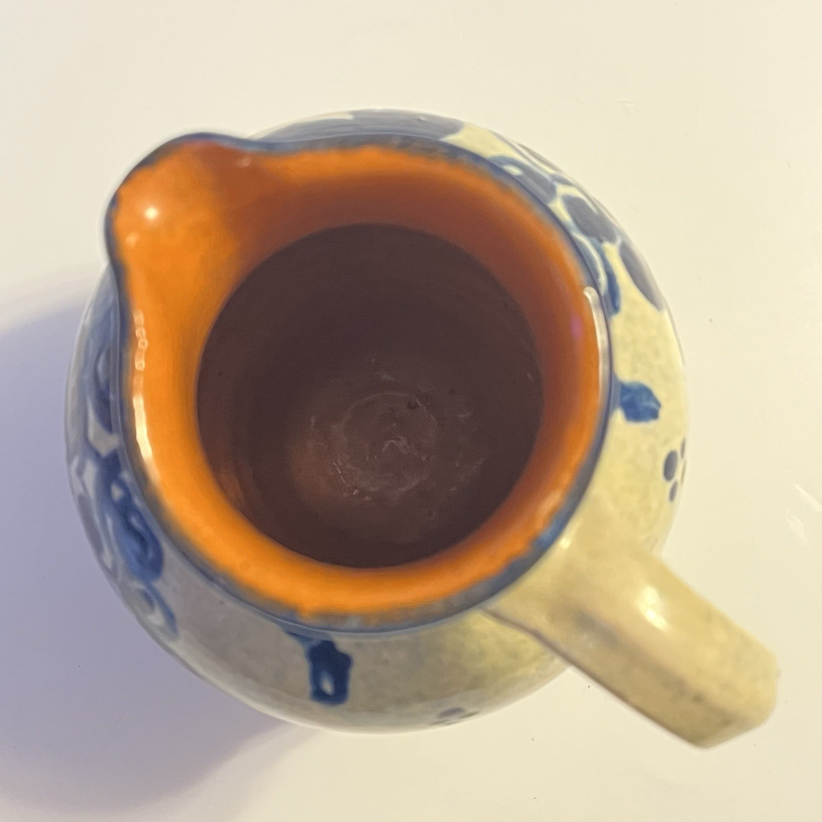 Vtg K Schafer GERMAN Pottery Pitcher Handmade Pale Yellow Cobalt Blue Edenkoben