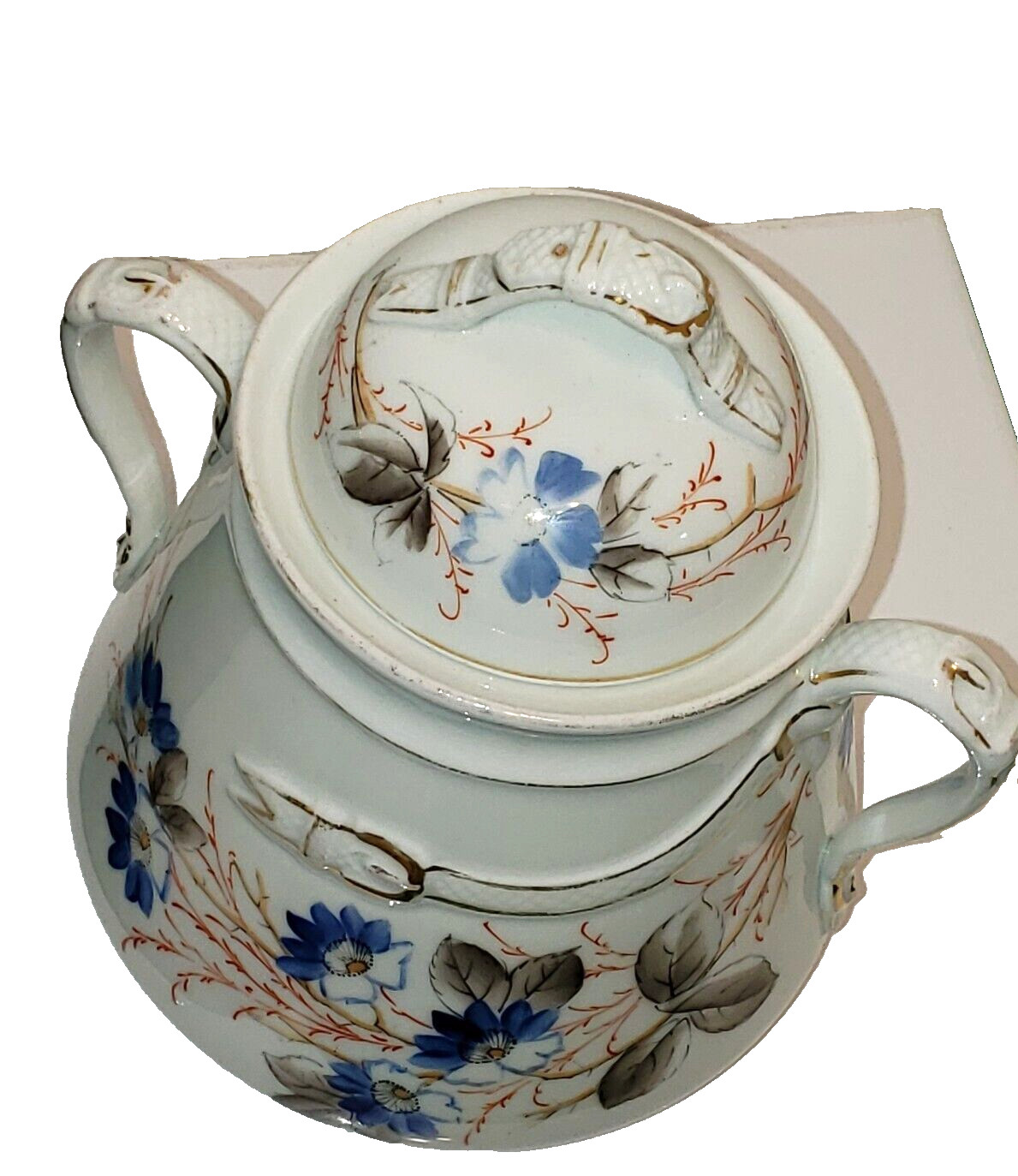 Antique Porcelain Limoges Umarked Large Floral Sugar Bowl w/ Lid 7″