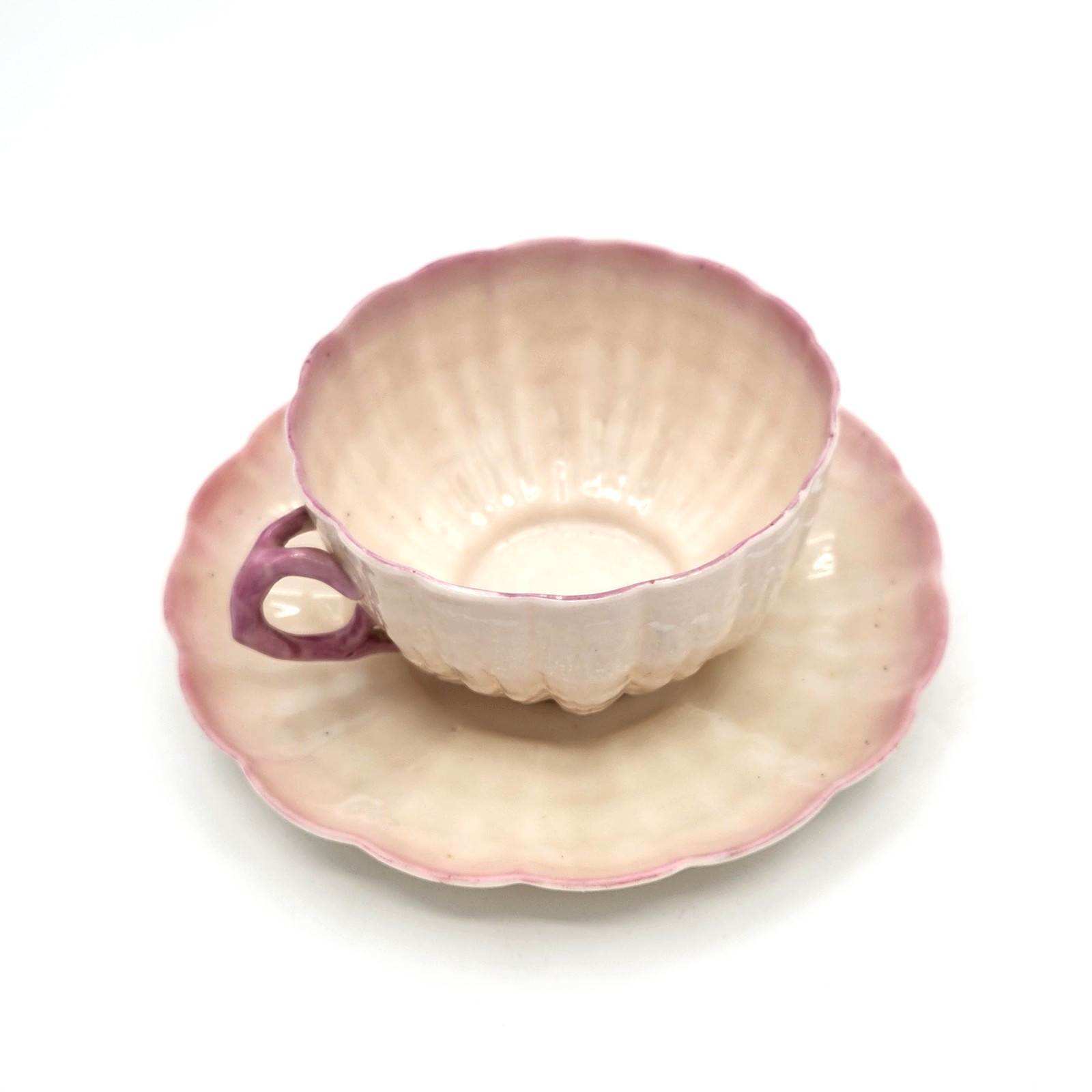 Rare Antique Belleek Tridacna Pink Cup & Saucer 1st Black Mark Shell EUC C.1880
