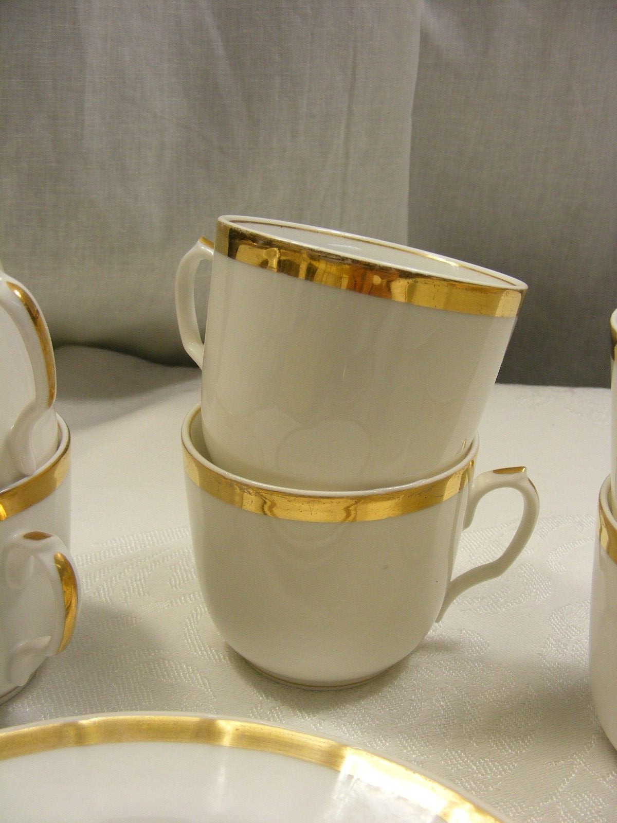 Vintage Lot 14 Pieces White Bowls Plates Cups China Gold Trim 8-C