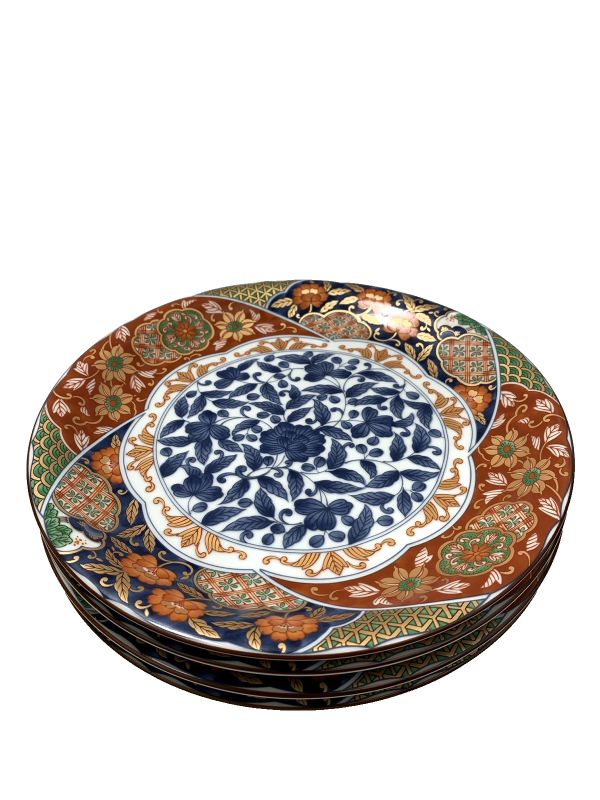 GUMPS KARAKUSA SET 4 DINNER PLATE 10.25″IMARI RUST BLUE GREEN FLORAL SMOOTH EDGE