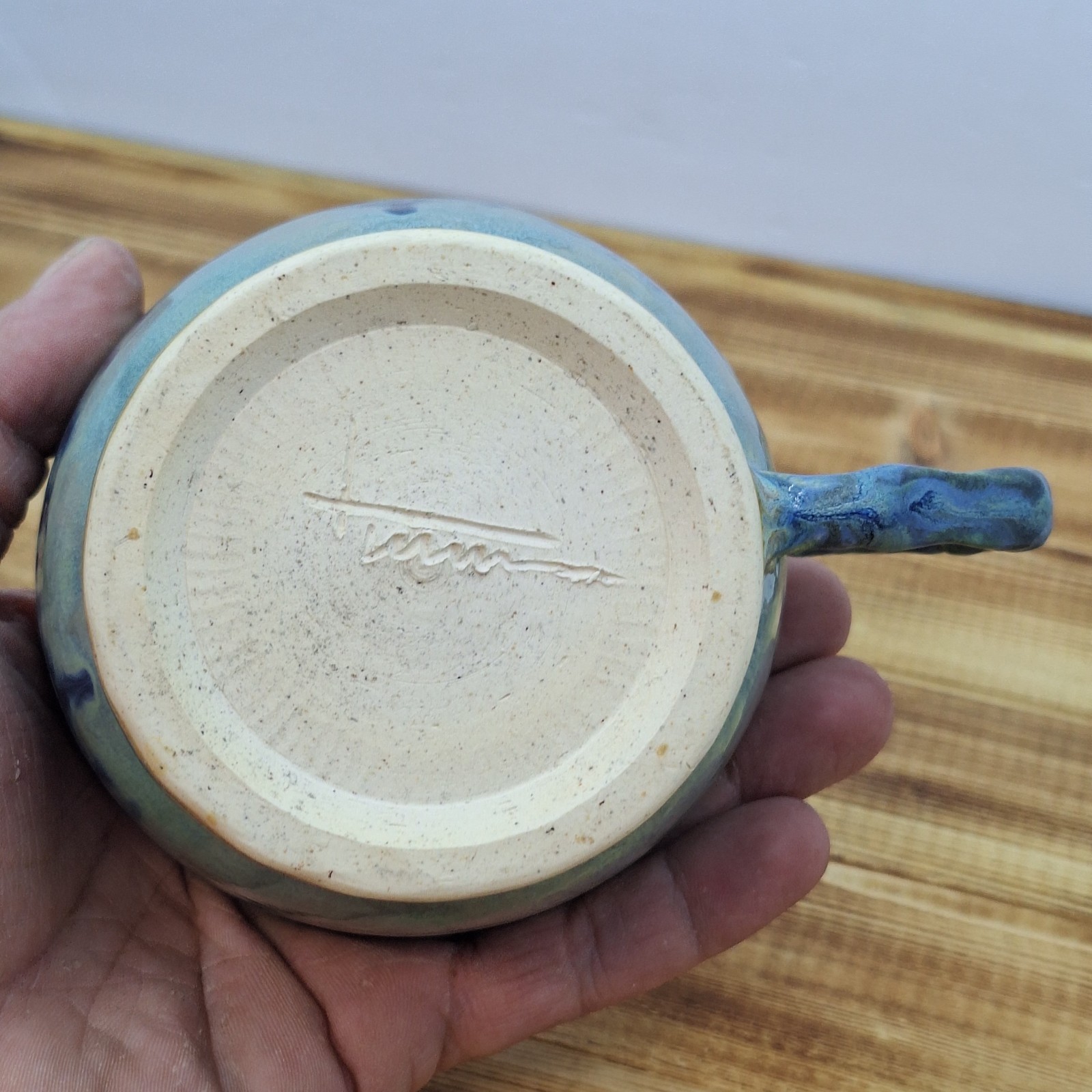 Vintage Hand Made Pottery Mug Signed Green Blue Neat Handle Signed