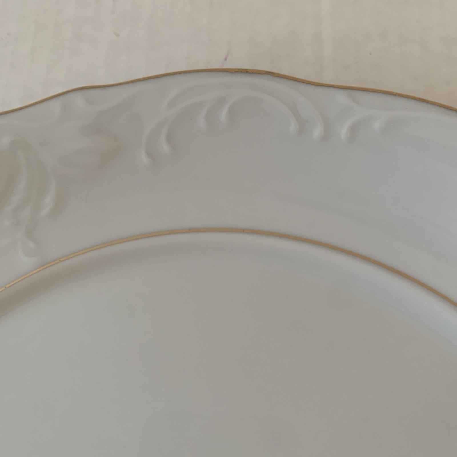 Set of 15 white Tienshan Fine China Elegance Gold Trimmed Embossed Plates EUC
