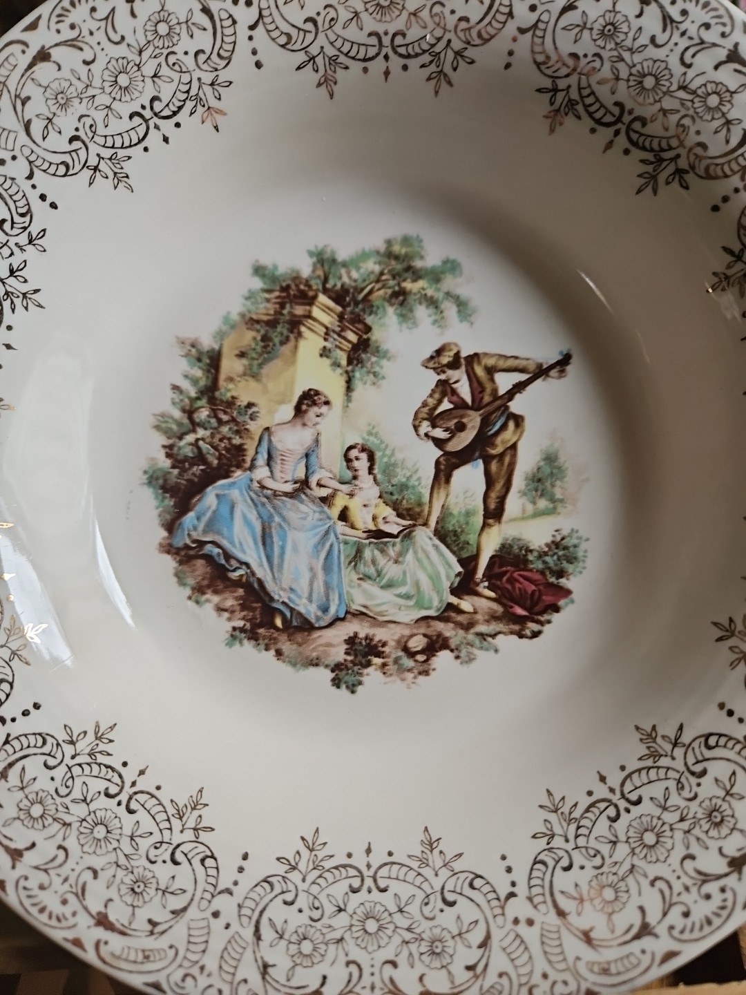 American Limoges Courting Scene Triumph China 22k Gold Trim Soup Bowl 8.25″