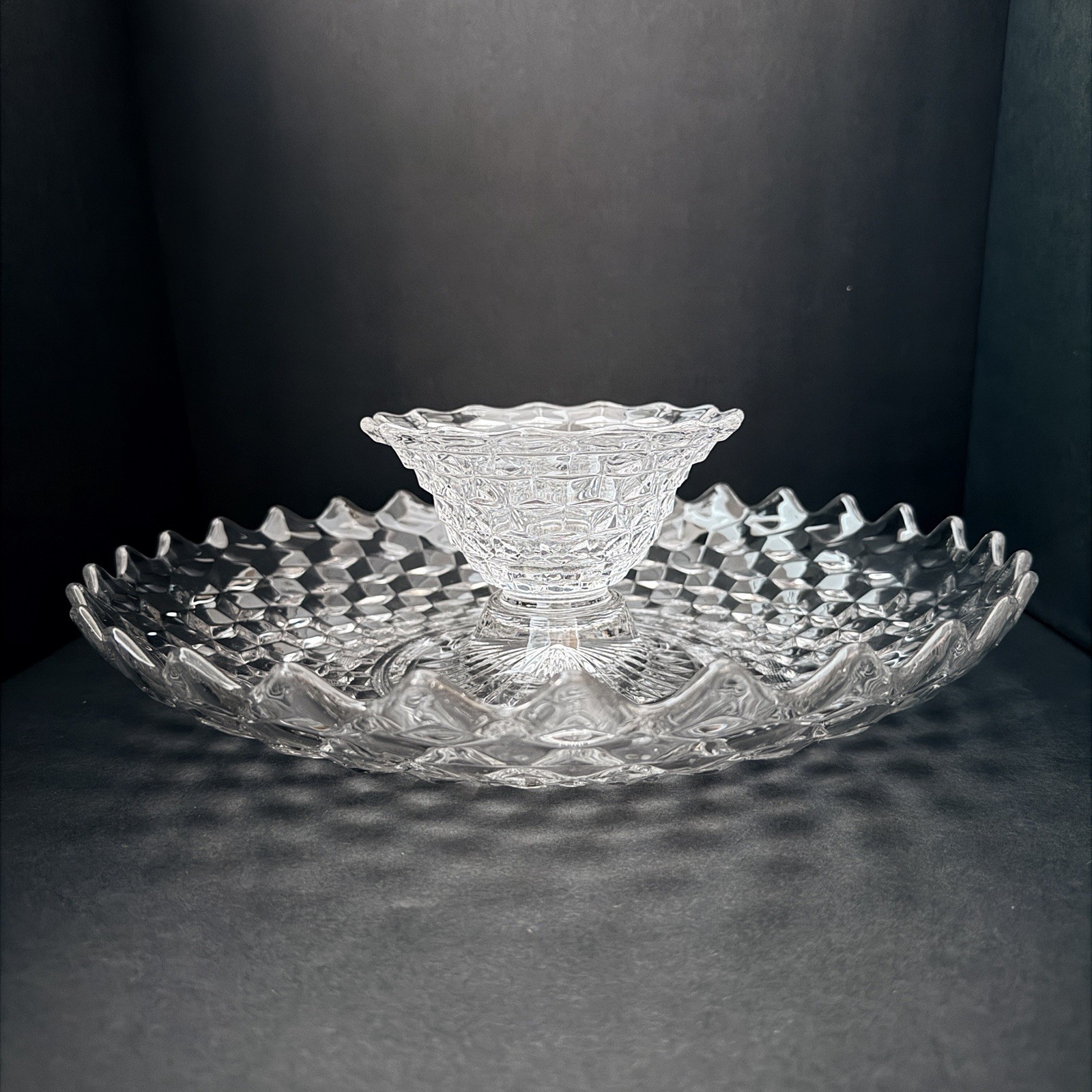 Rare Vtg American Clear by Fostoria Shrimp & Dip bowl (chip ‘n dip) 13″ x 4.25”