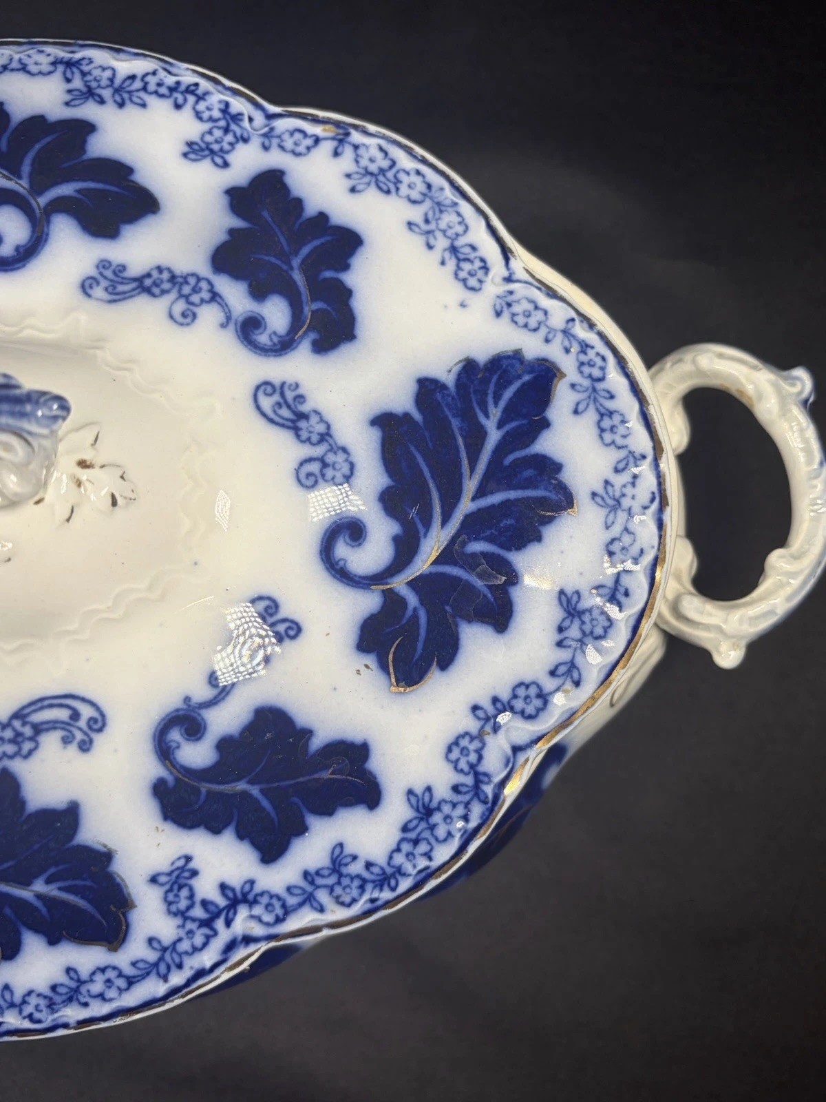 Antique Johnson Bros Normandy Flow Blue Oval Covered Vegetable Bowl Dish 11.5”