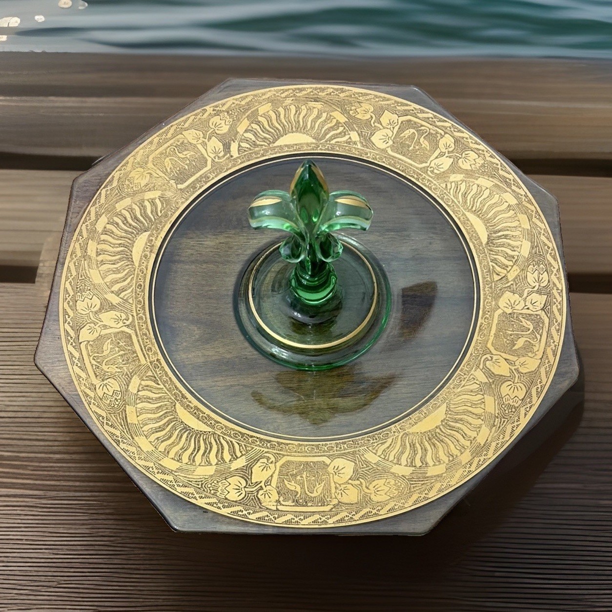Vintage Fostoria Fleur De Lis Center Handle Glass Serving Tray 11.5″ Uv Reactive