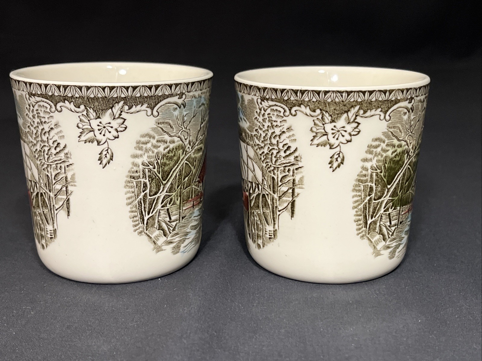 2 Johnson Bros Friendly Village Coffee Cups Mugs Covered Bridge 3.25″ England