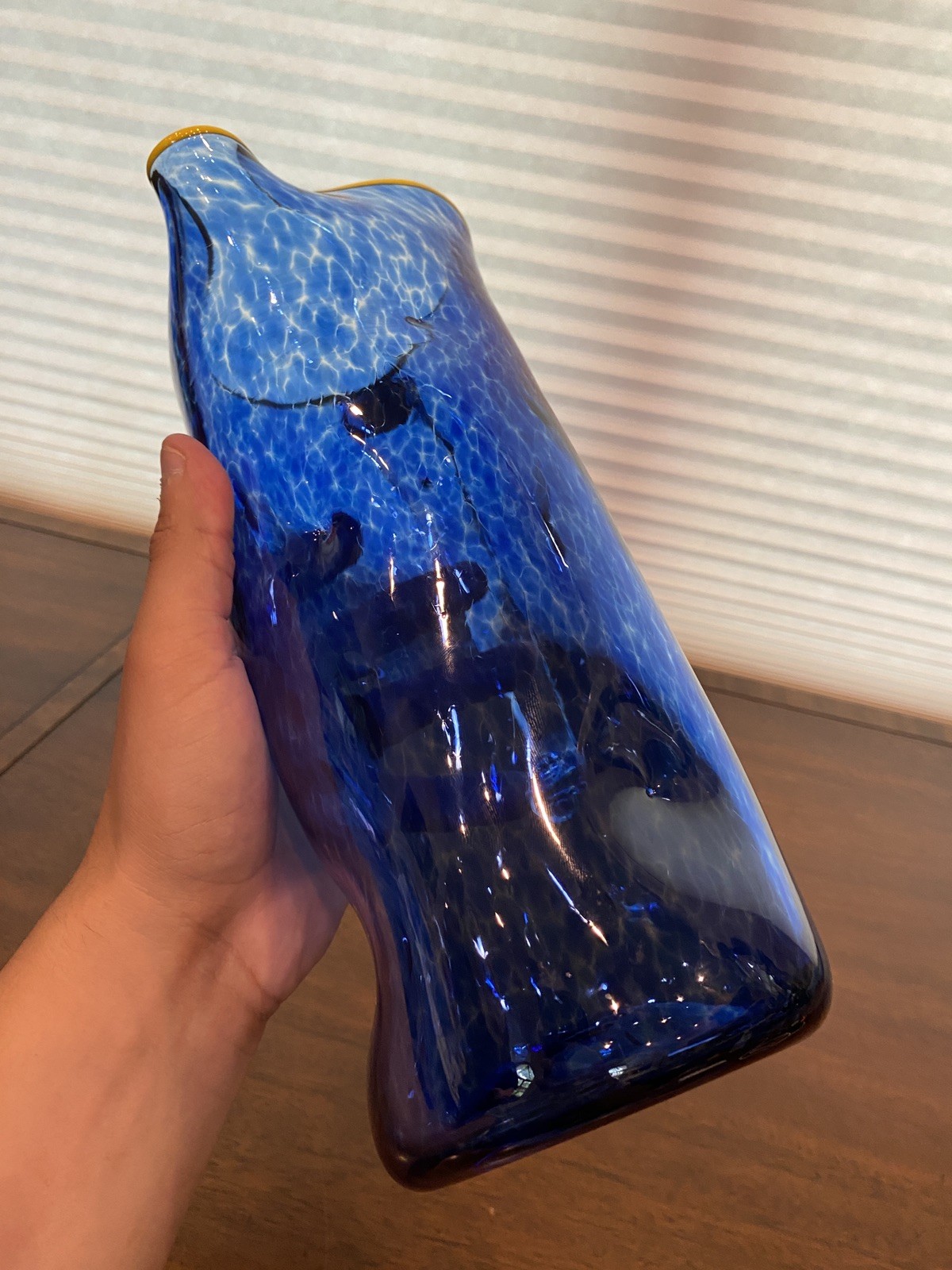 GEORGEOUS LARGE 2019 Cobalt Blue & Yellow Art Glass Pitcher 11.5″H Signed