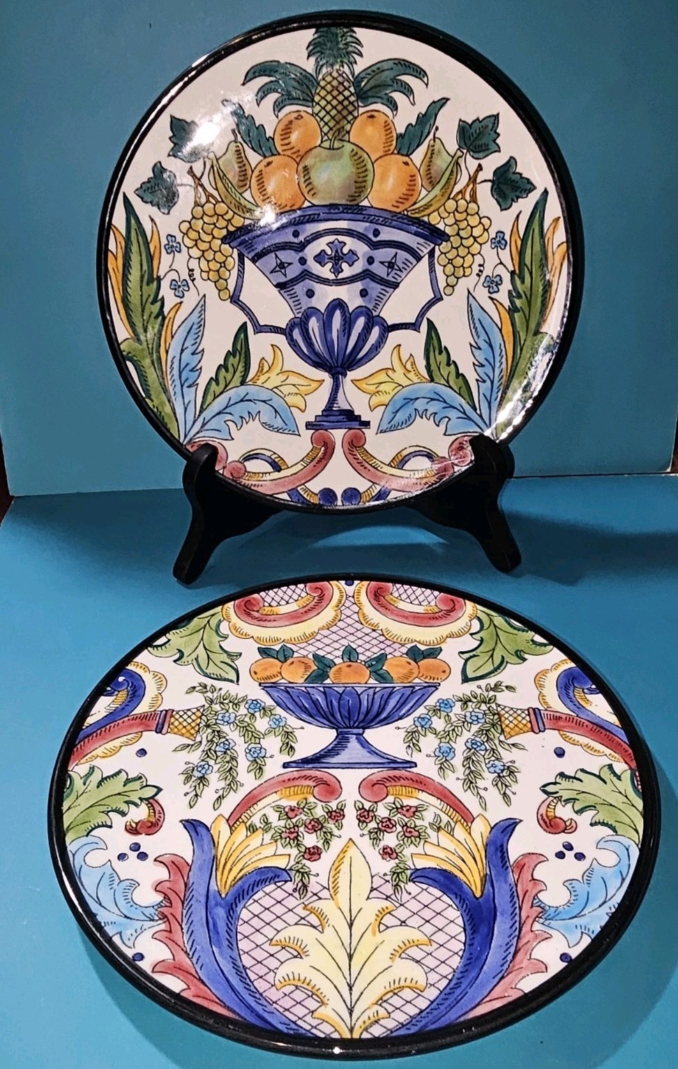 Vintage 2pc Set Ceramar Spain Handpainted Fruit Hanging Wall Plates-EUC!