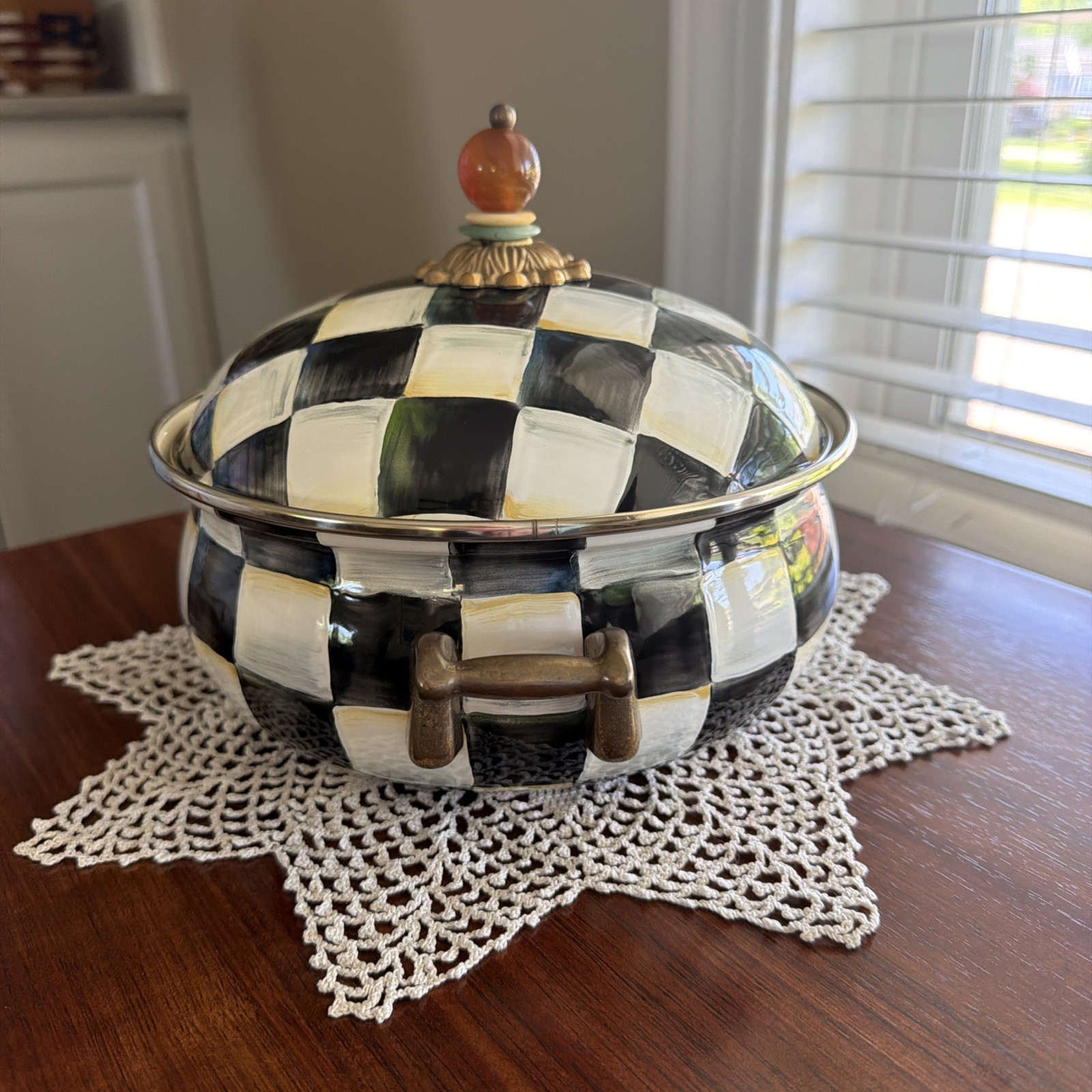 Mackenzie Childs Courtly Check Covered Casserole Handles 3 Quart Enamel Retired