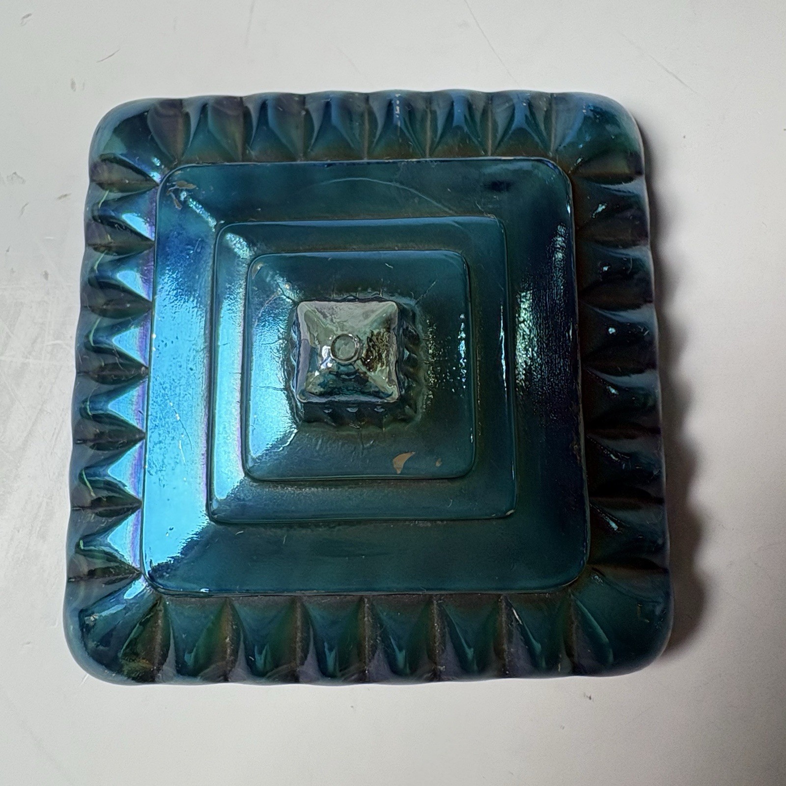 Vintage Jeannette Glass Wedding Cake Box Candy Dish Iridescent Blue Green 1960s