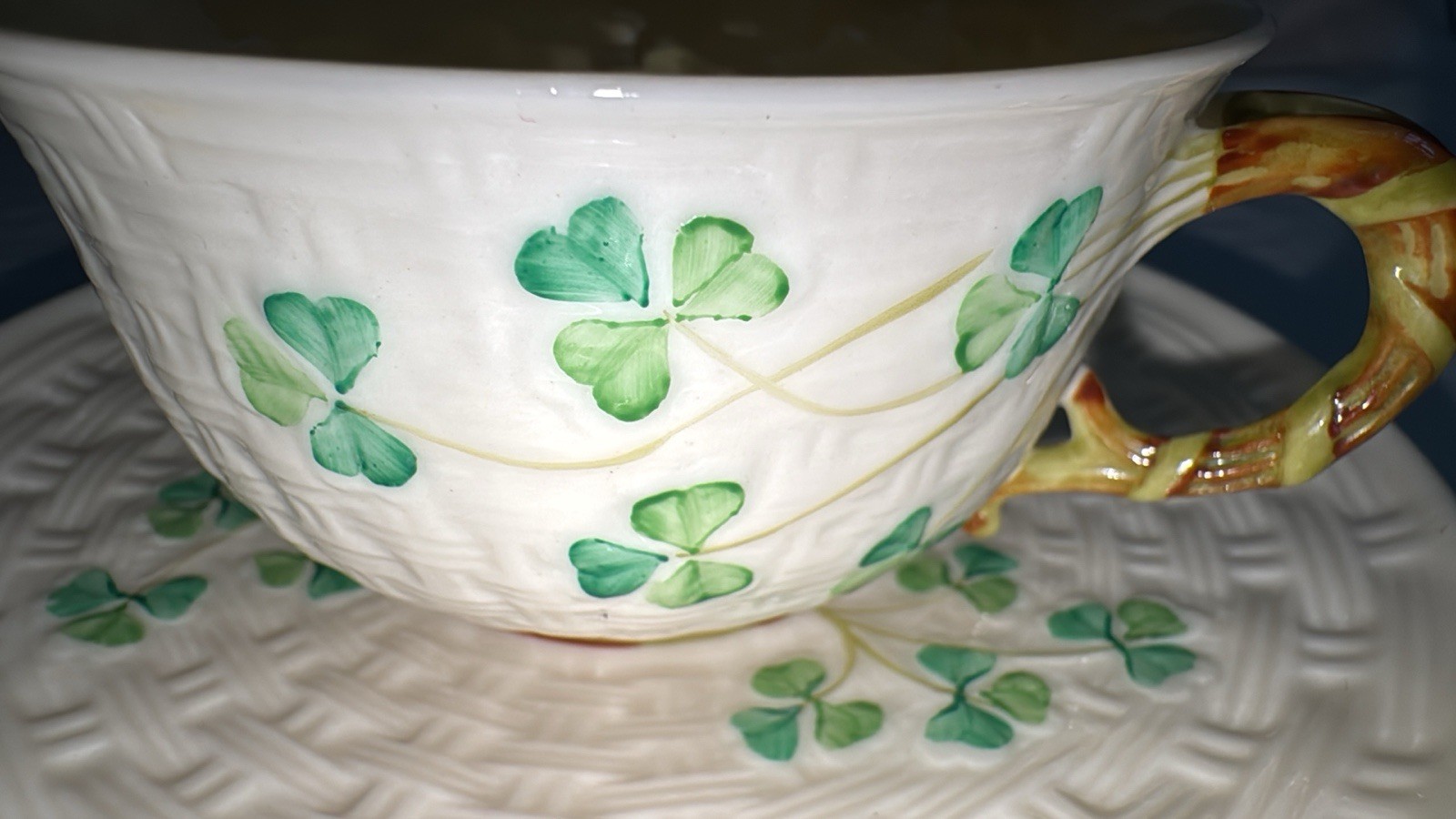 Vintage IRISH BELLEEK Shamrock Tea Cup and Saucer Reg No 0857