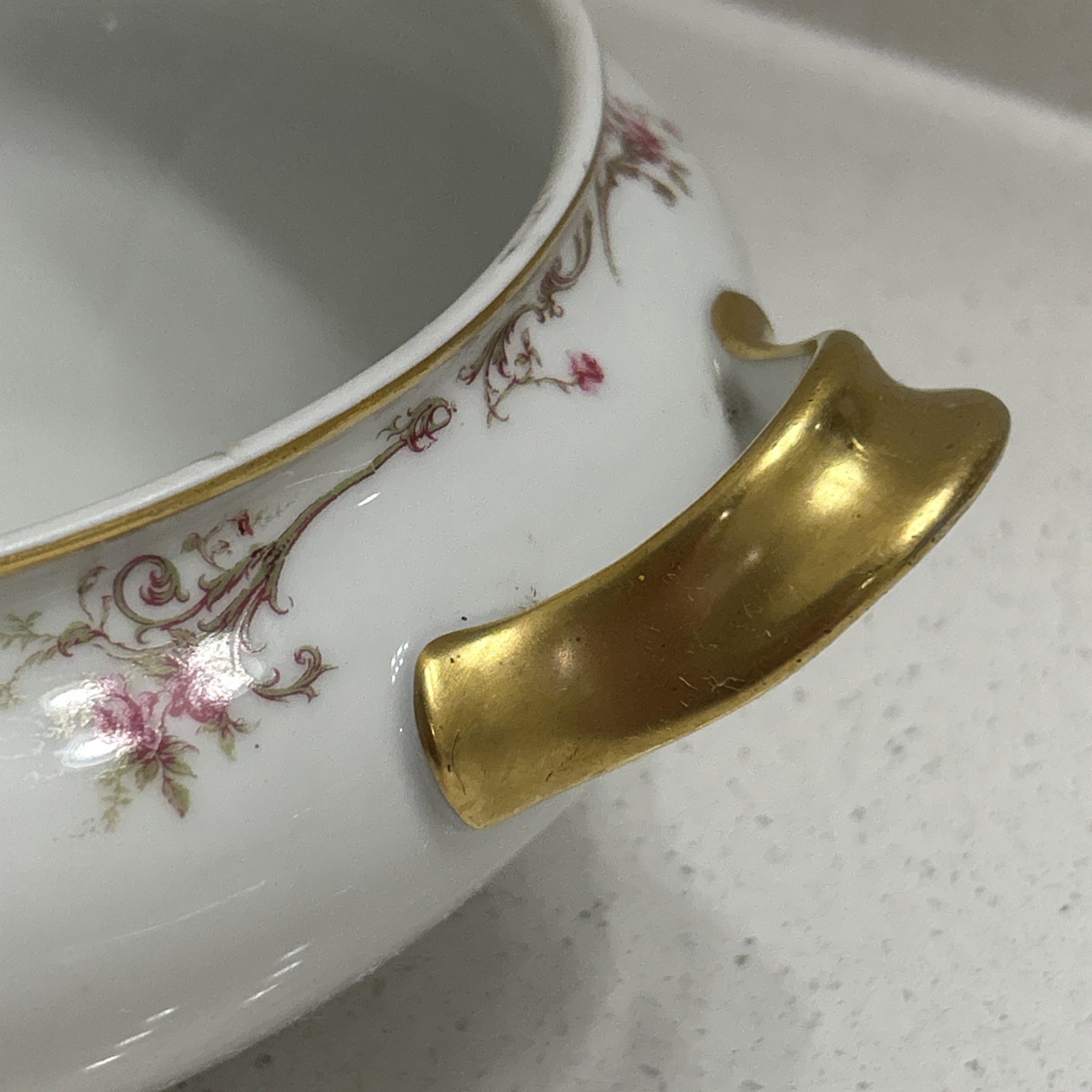 Haviland Limoges France Handled Casserole Dish Pink Rose Garland & Gold Trim