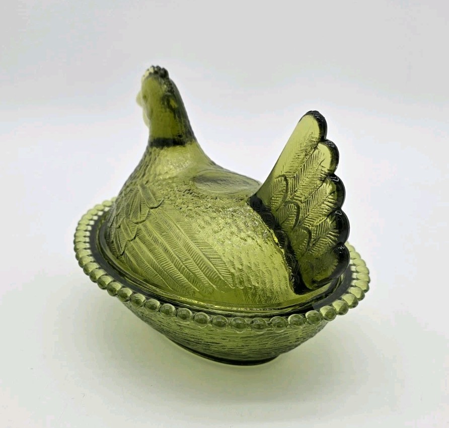 Vintage Indiana Green Glass Hen On Nest Covered Candy Dish 7″ Farmhouse Chicken