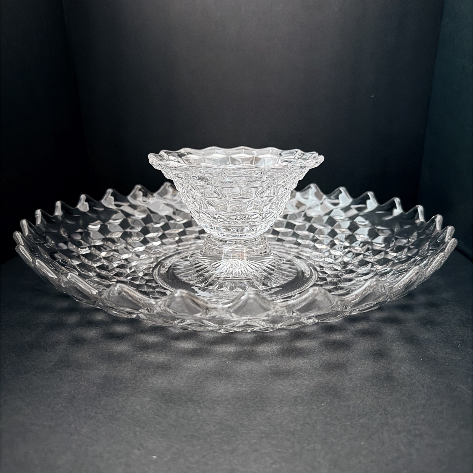 Rare Vtg American Clear by Fostoria Shrimp & Dip bowl (chip ‘n dip) 13″ x 4.25”