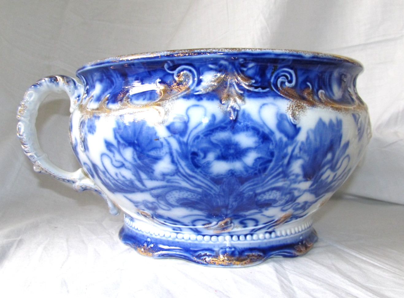 Victorian Flow Blue Chamber Pot Gold Gilt J&G Meakin “Moderna” Antique 1895-1915