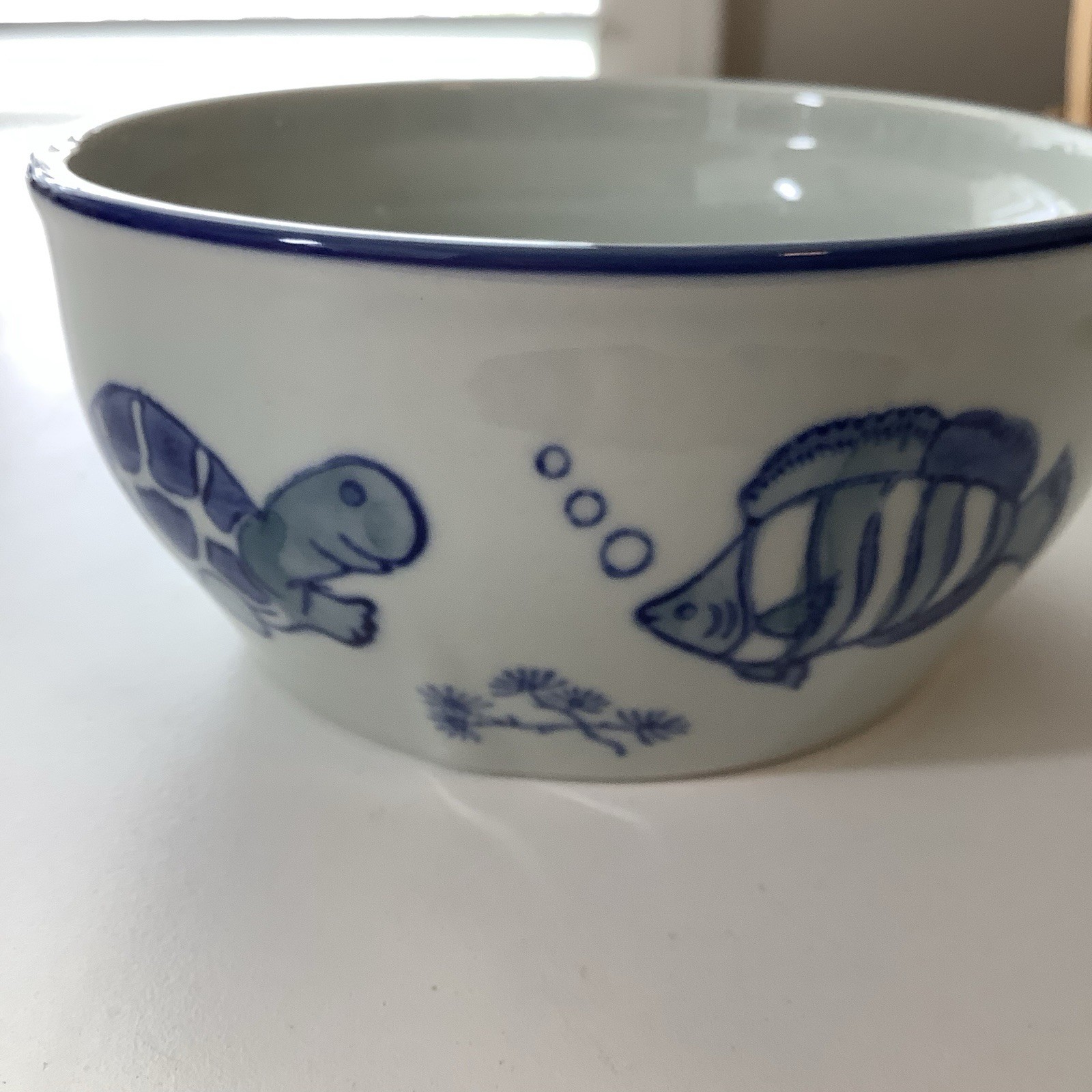 Yokohama Studio Hand Painted Bowl With Cobalt Blue Turtle And Fish Accents