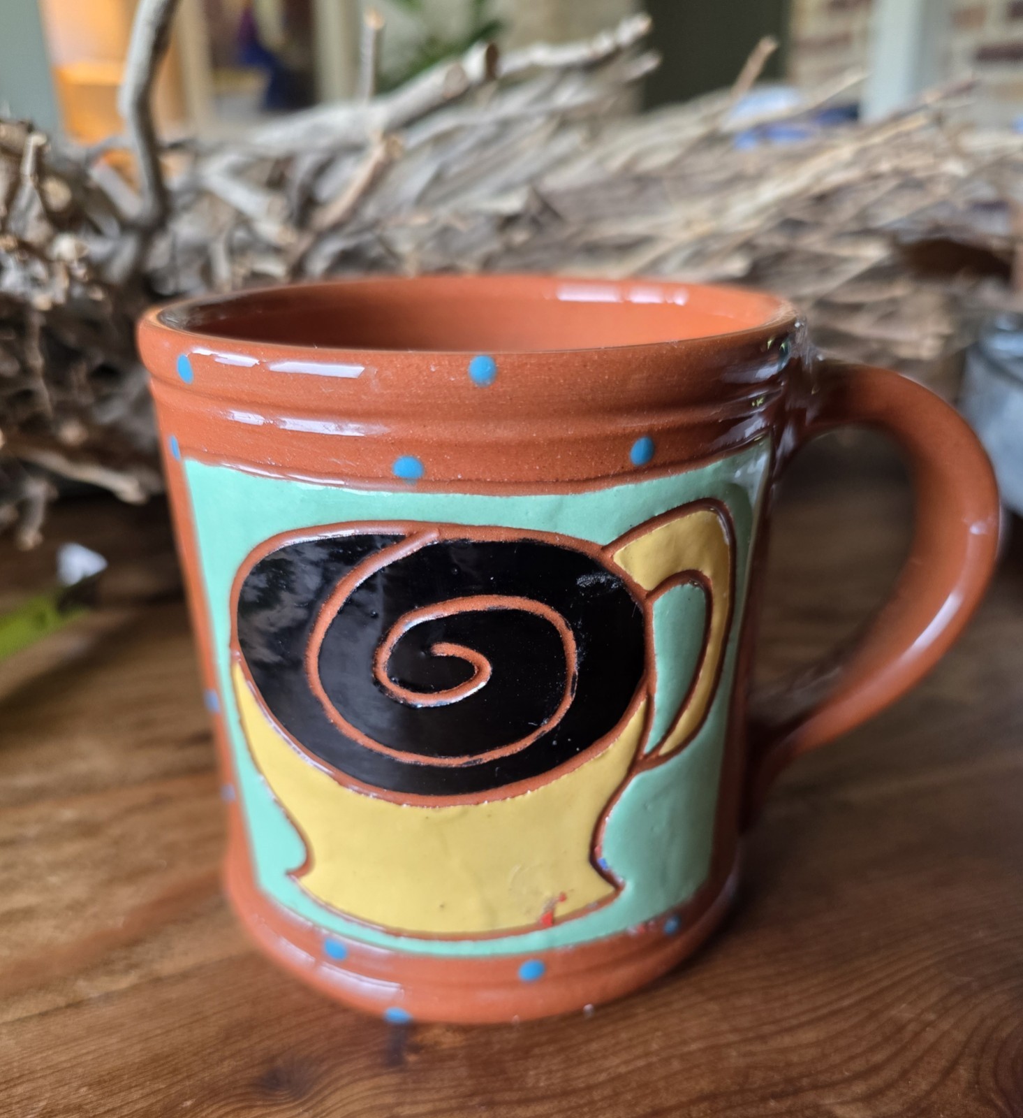 Pritchett & Shelby 2010 Art Pottery Mug Redware Colorful Whimsical Animalia EUC
