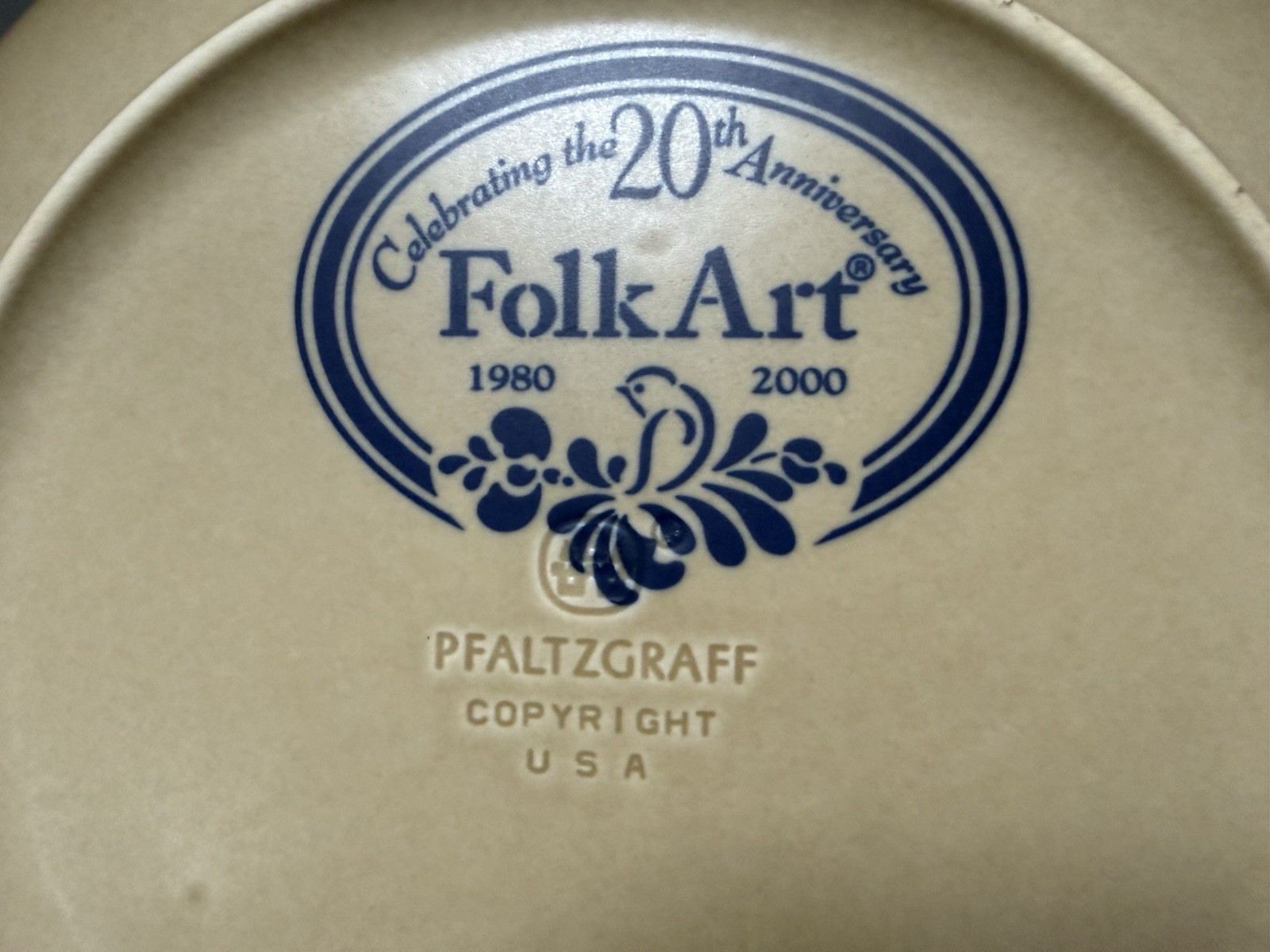 RARE Vintage Pfaltzgraff Folk Art 20th Anniversary Dinner Plate 10″ Blue Beige