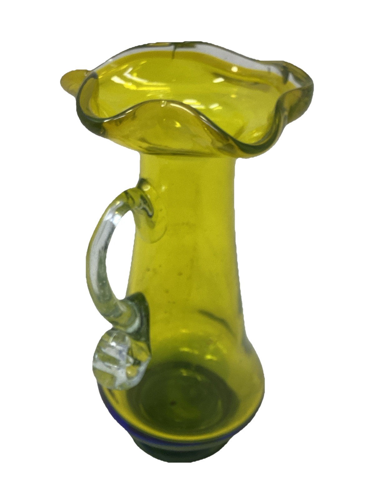 Vtg MCM Yellow Glass Small Pitcher Clear Handle Cobalt Blue Base 6”