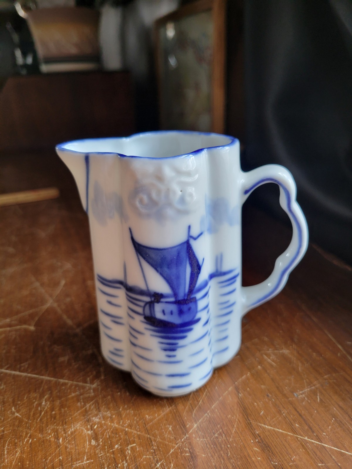 VTG 4-1/4″ Delft Style Blue & White Eggshell Porcelain Lobed Creamer Pitcher
