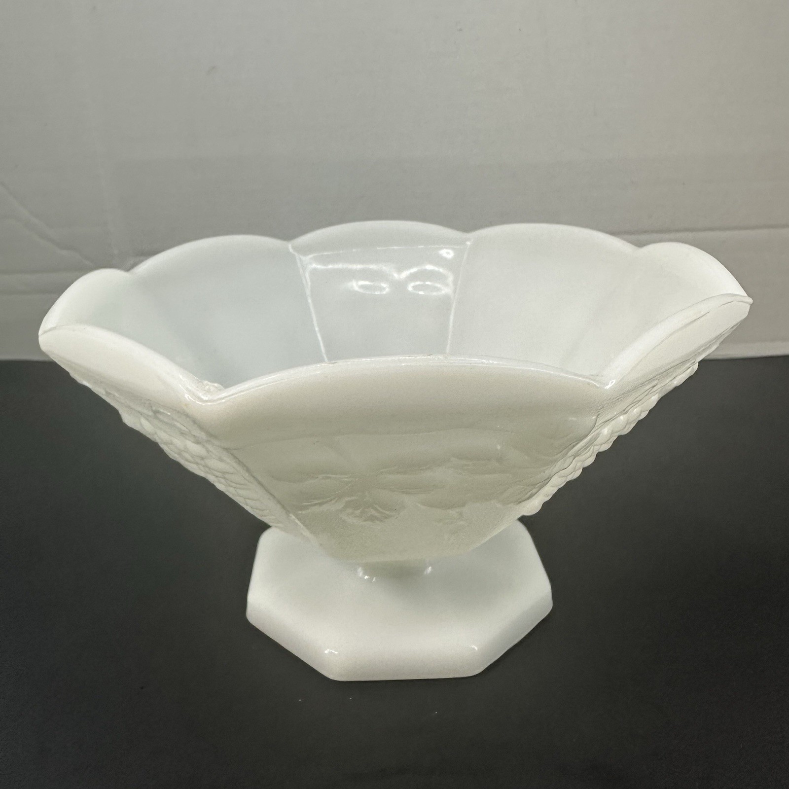Milk Glass Grapes and Leaves Footed Pedestal Fruit Bowl Octagon 9″