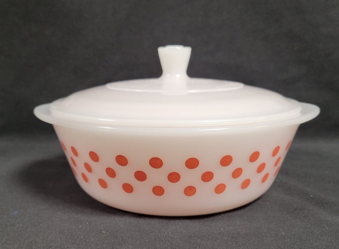 Vintage Glasbake J514 White 2 Quart Casserole Dish W/ Lid Pink/Red Polka Dots