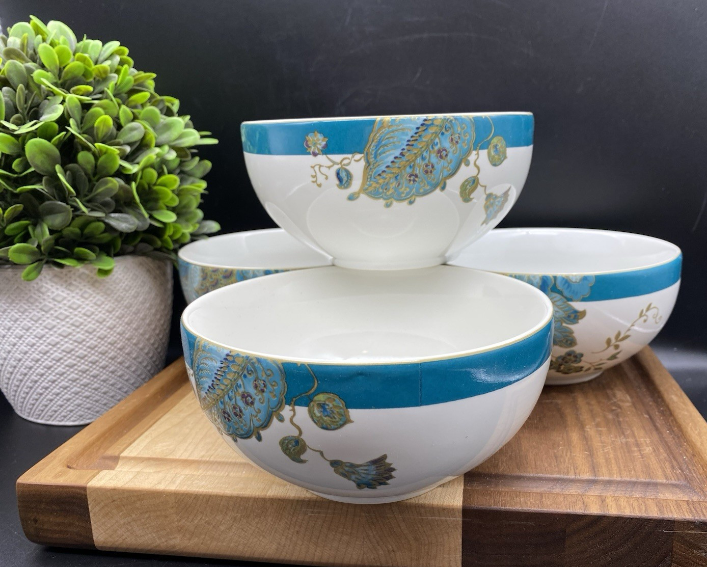 222 FIFTH Eliza Teal FINE PORCELAIN 5.50″ x 3″ Soup Bowls (SET OF 4) NEW