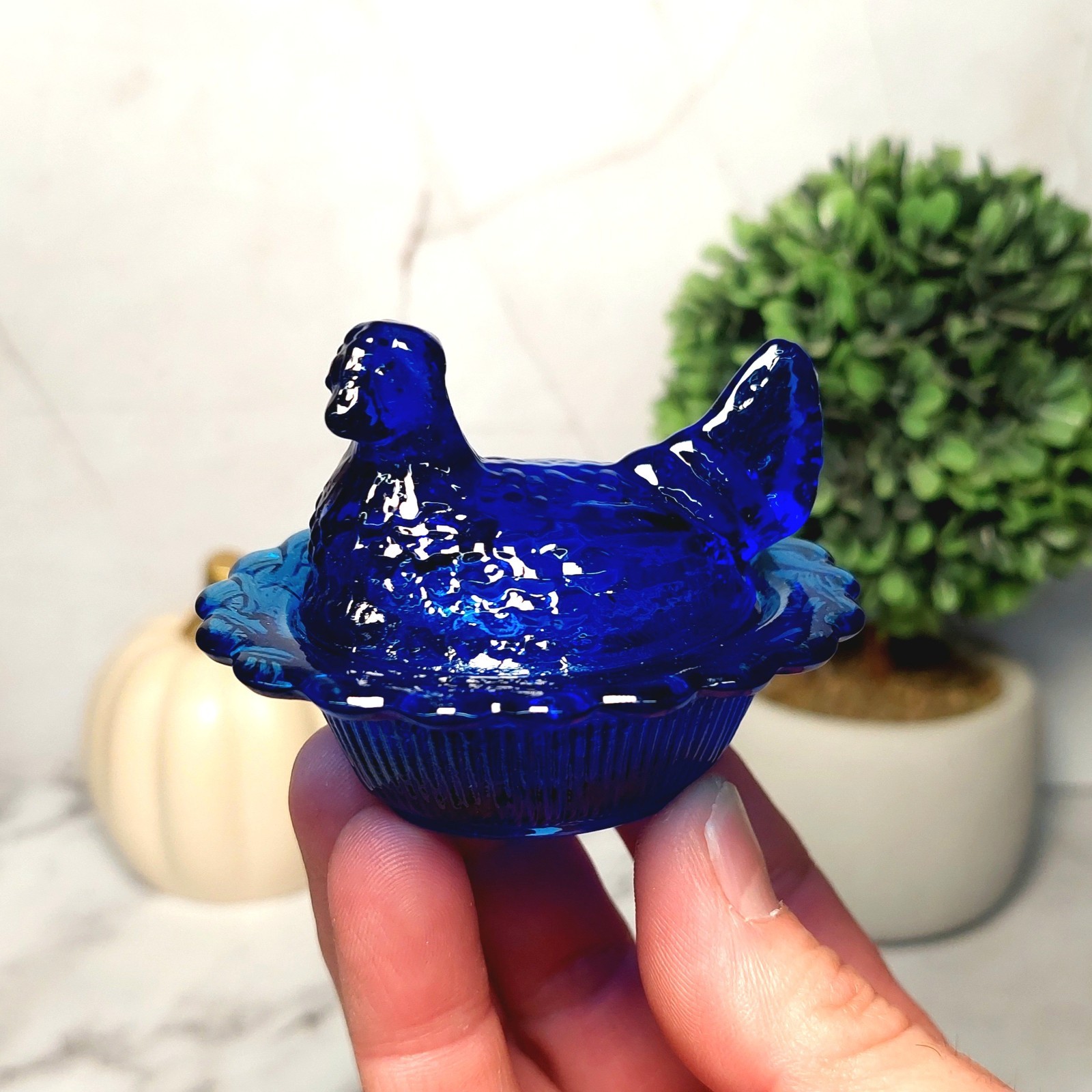 Mosser Cobalt Blue Glass Hen on Nest Salt Dish, Mini Chicken, Vintage Style