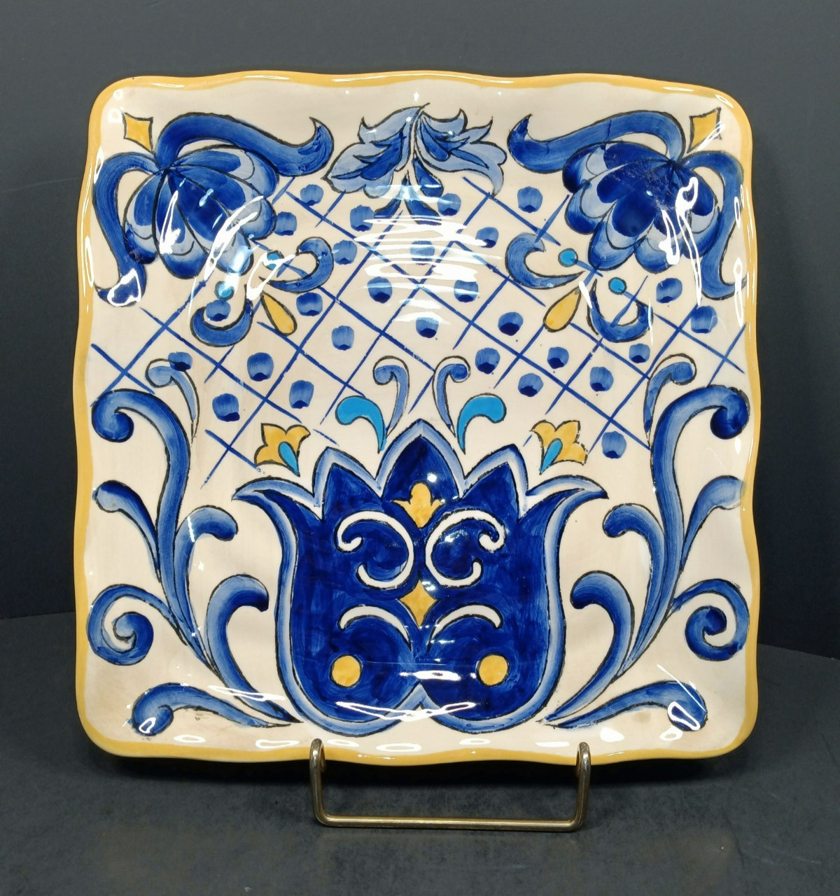 Maxcera TERRA NOVA Hand Painted Cobalt Blue Yellow Square Salad Plates 8.75″W