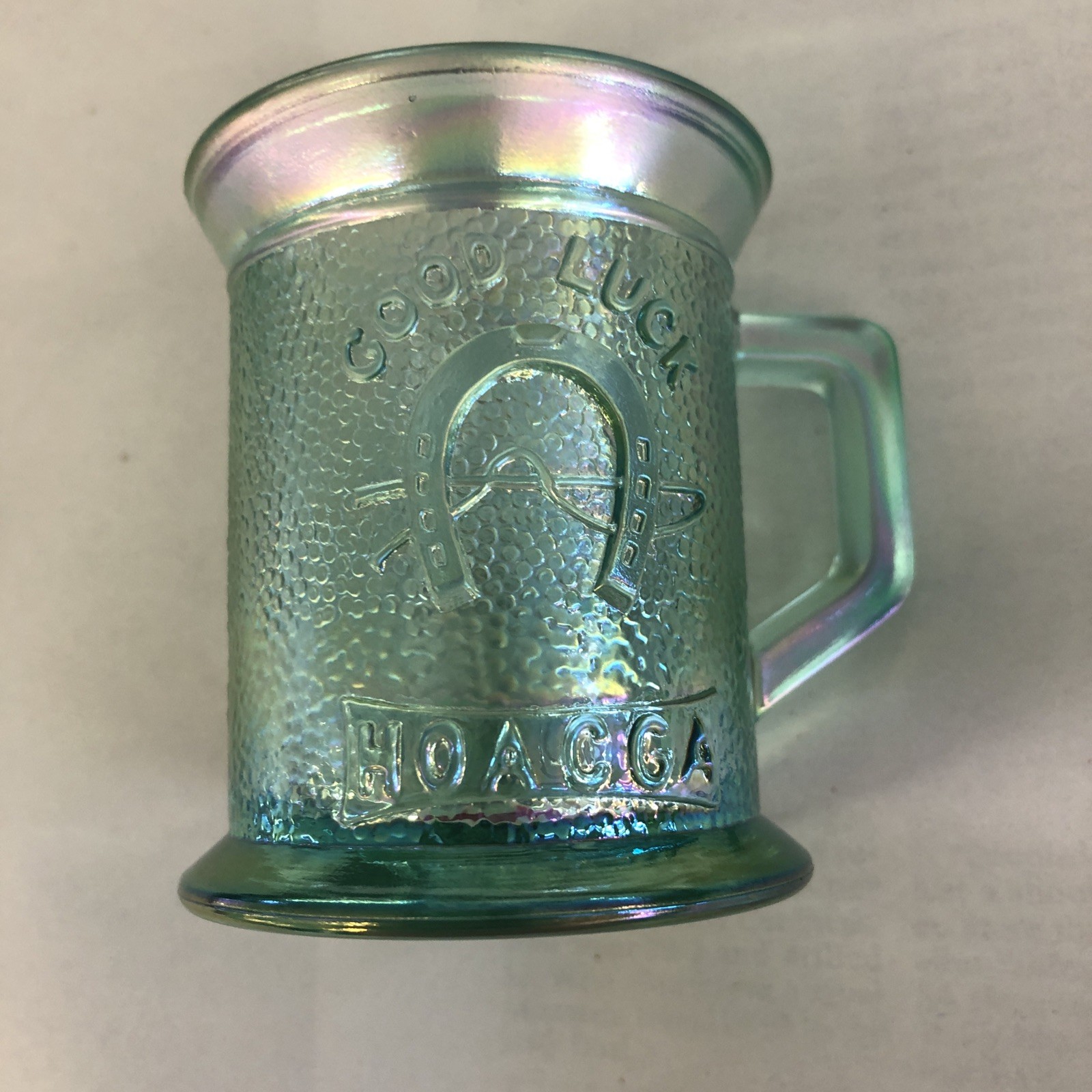 Fenton HOACGA 1992 Convention Miniature Teal Carnival Glass Good Luck Mug