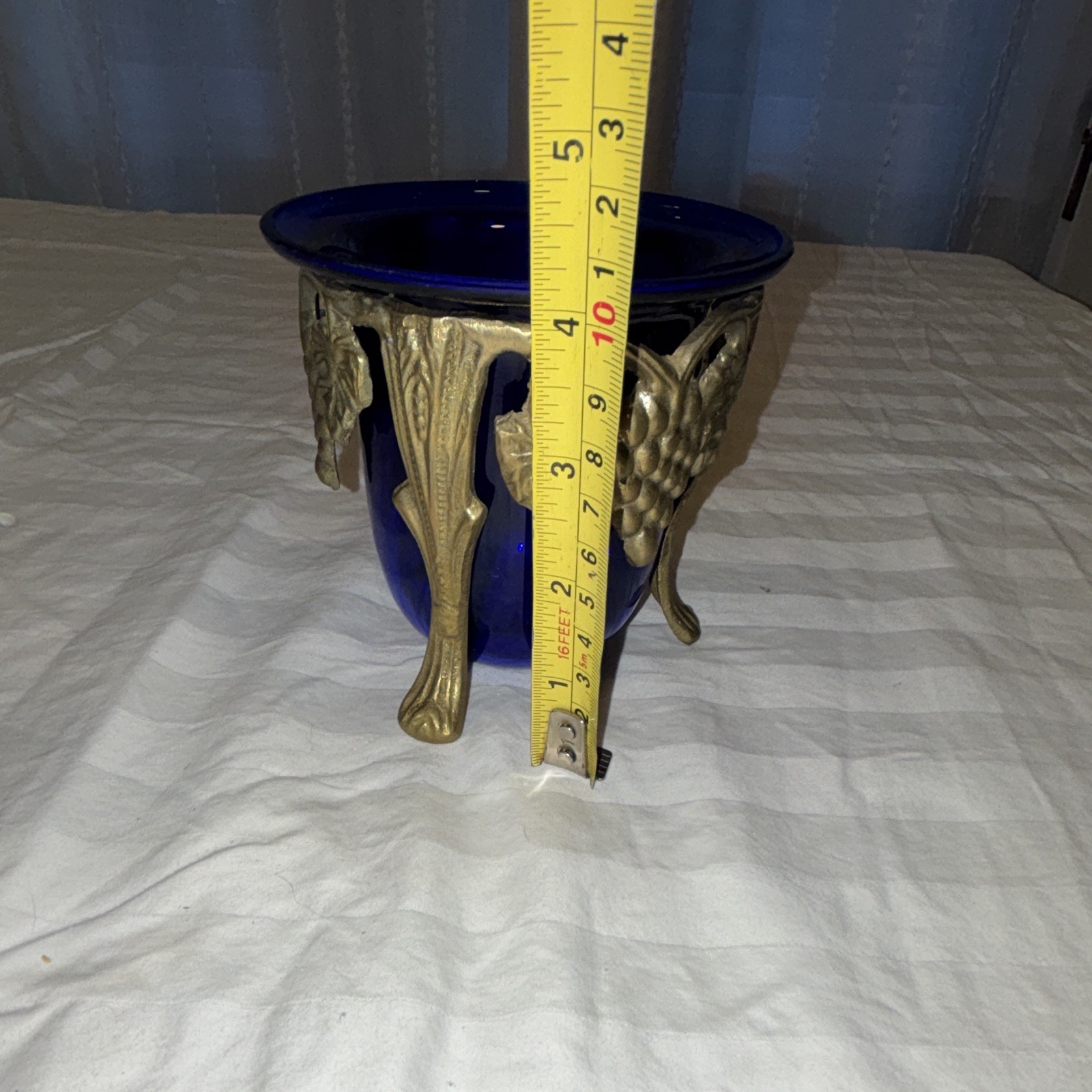 Cobalt Blue Glass Bowl Insert w/ Gold-Tone Metal Grape Stand Holder 6in