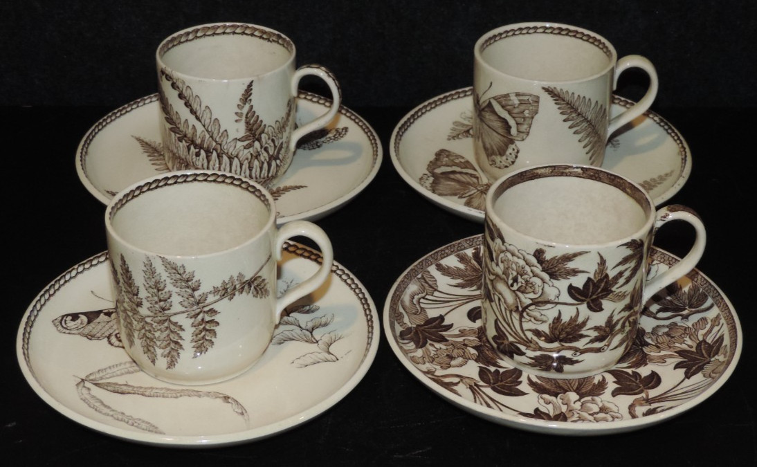 ANTIQUE WEDGWOOD BROWN TRANSFER AESTHETIC BOTANICAL DEMITASSE CUPS & SAUCERS