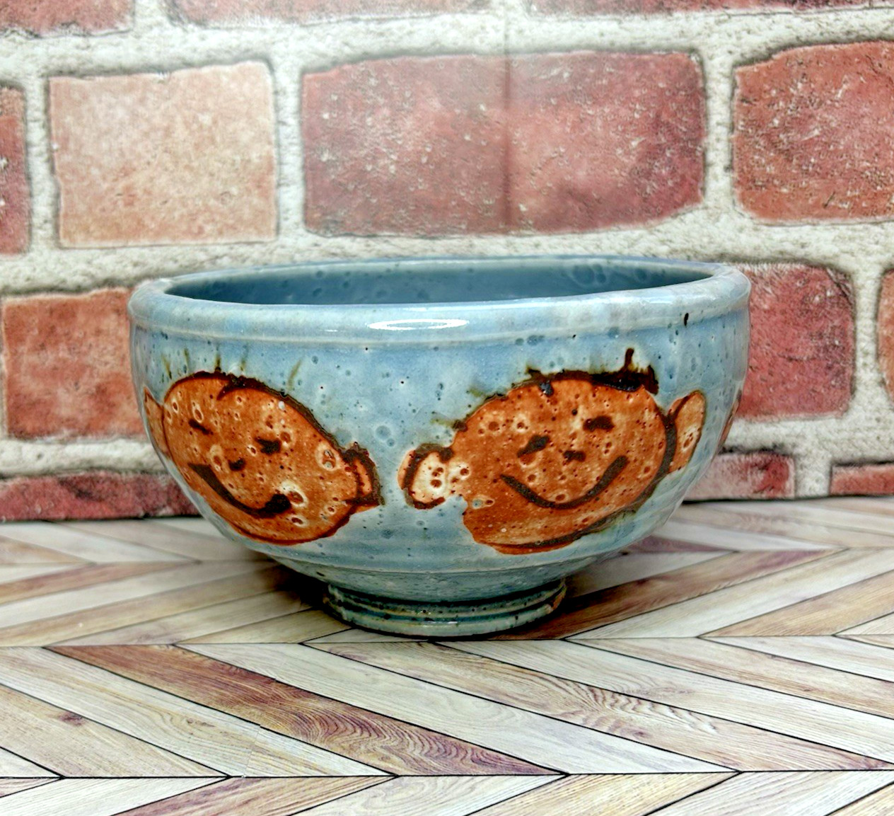 Pottery Bowl Faces Footed Artisan Handmade 6” Diameter 3.5″ Tall Blue Whimsical