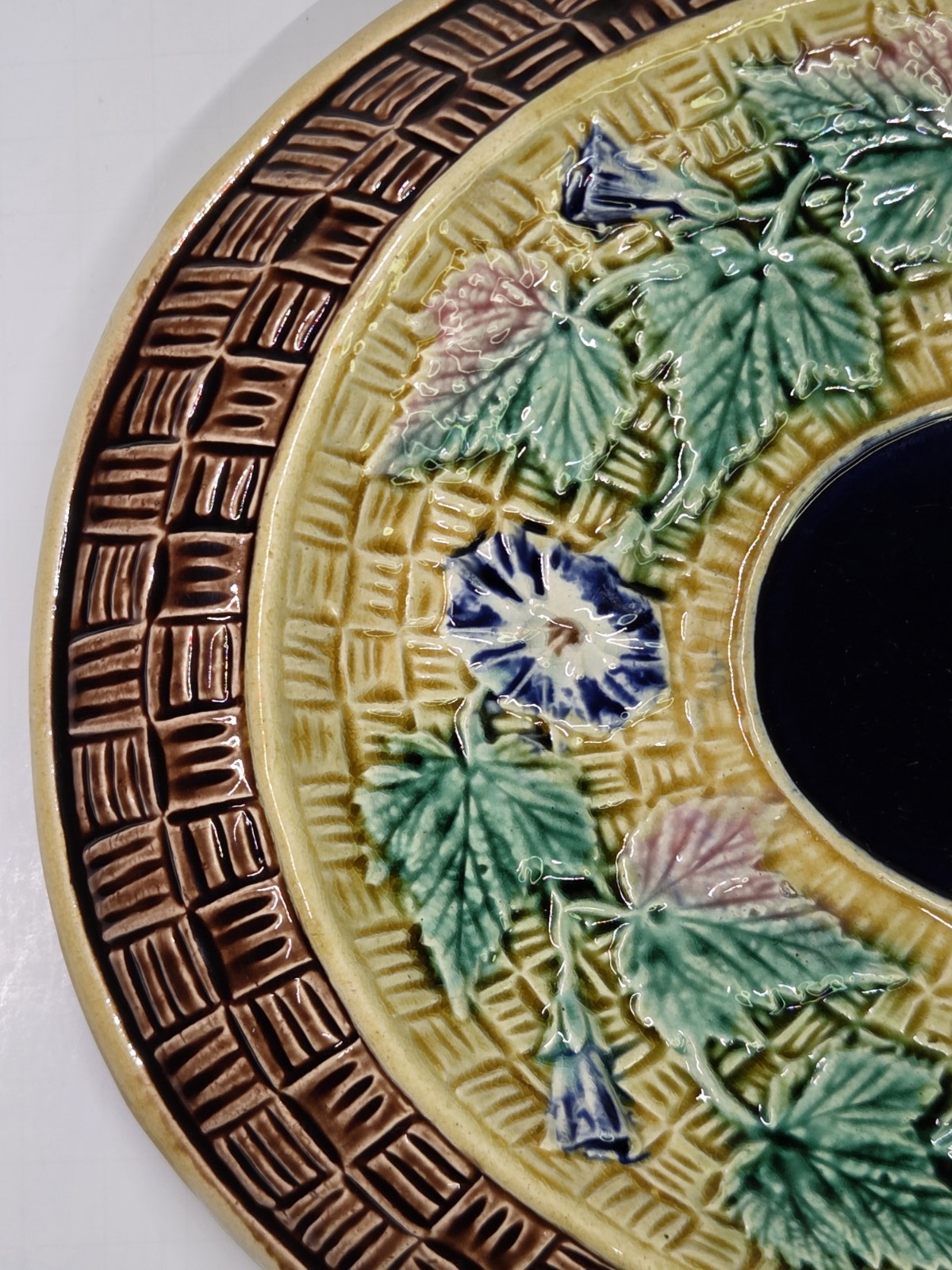 Antique Oval Majolica Basket Weave Footed Platter Floral Bread Bowl Cobalt 12¾”