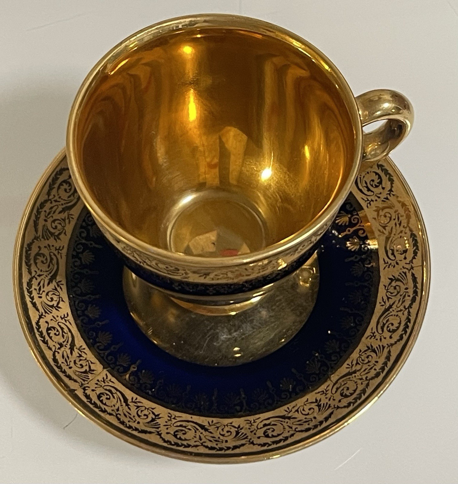 Limoges Blue & Gold Porcelain Tea Cup & Saucer Set Decorated w/ Handle France