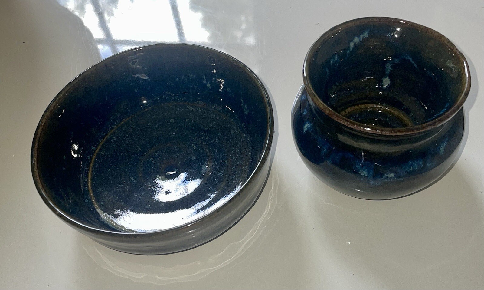 2 Pc Signed Studio Pottery Planter / Saucer Moody Blue Drip Ceramic Hand Thrown
