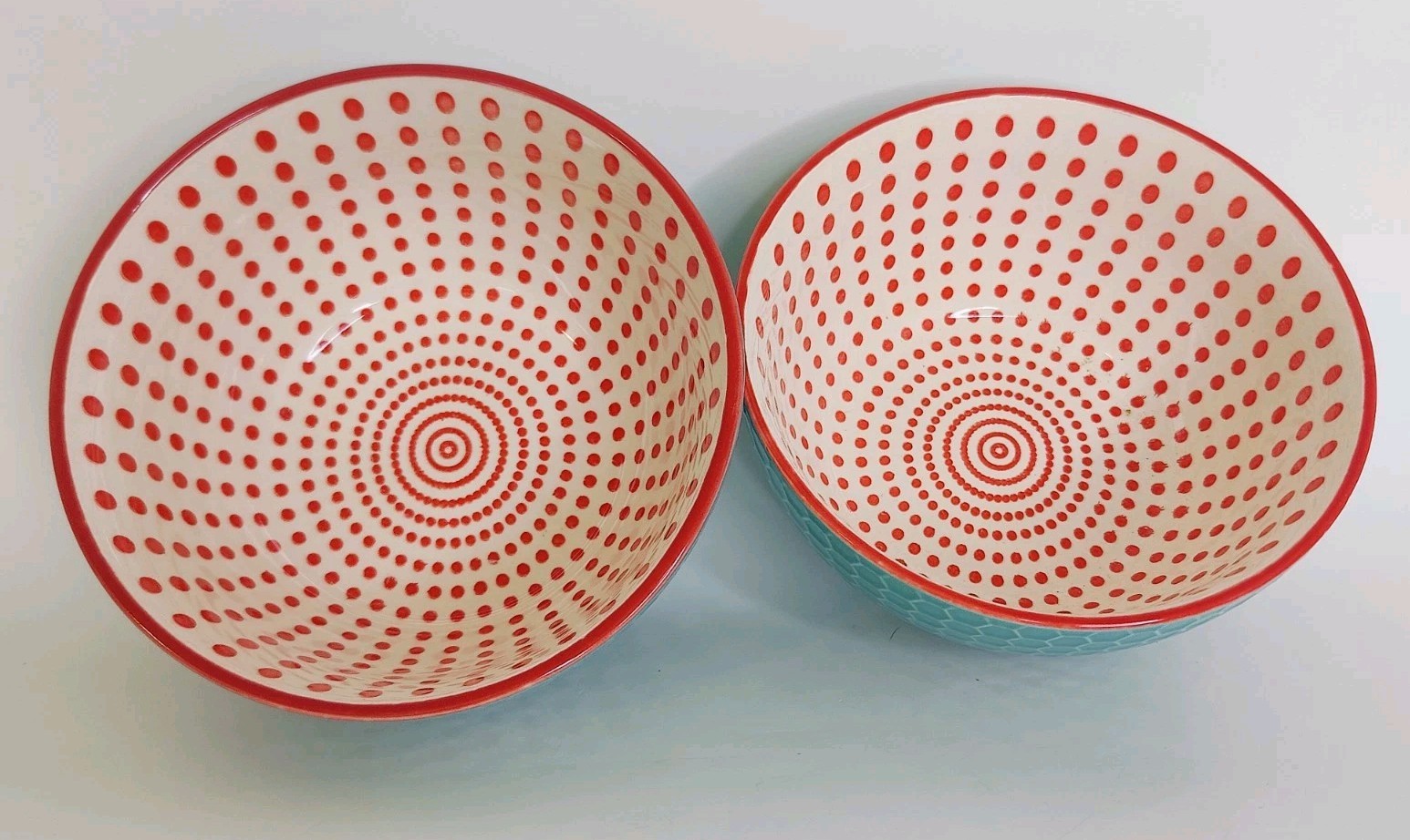 2 Pfaltzgraff Pad Print Textured Cereal Soup Bowl Turquoise Red Dots New